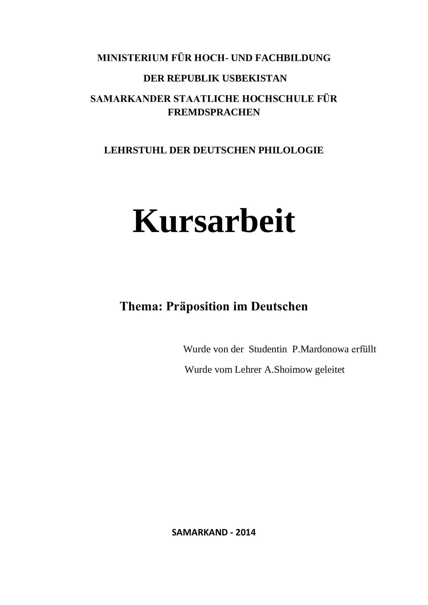 Kursarbeit Präposition im Deutschen 1