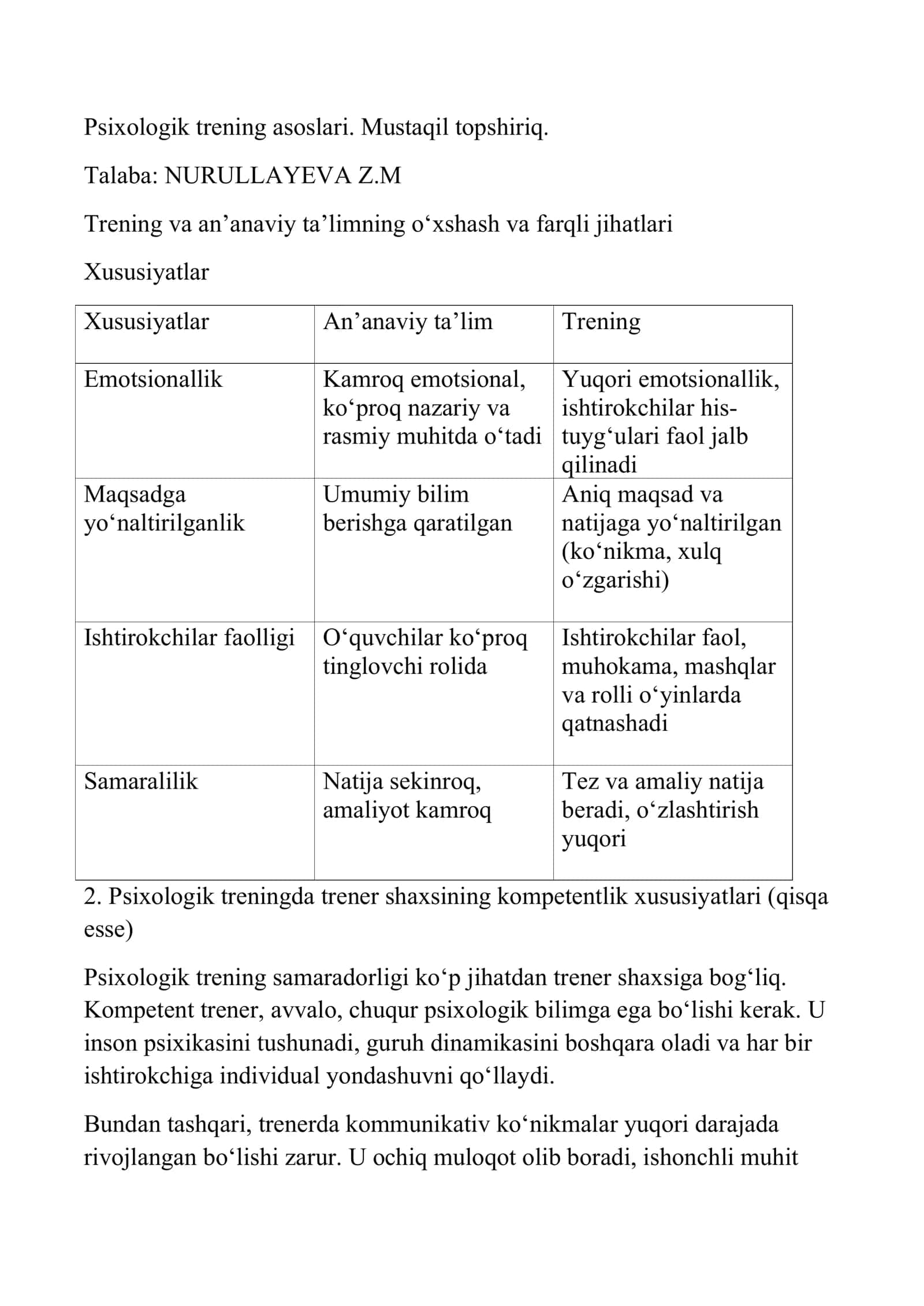 Psixologik trening asoslari. Mustaqil topshiriq 1