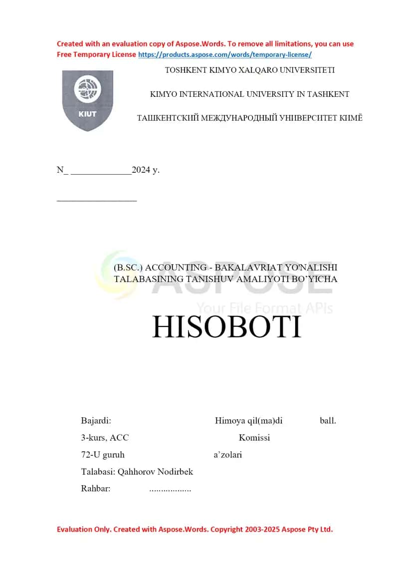 AMALIYOT HISOBOTI.•	Tashkilot nomi: “RUSTAM FID KOMPLEKS” MCHJ•	Tashkilot shakli: Mas’uliyati cheklangan jamiyat (MCHJ)
•	Faoliyat turi: Sport ob’ektlari faoliyati 1
