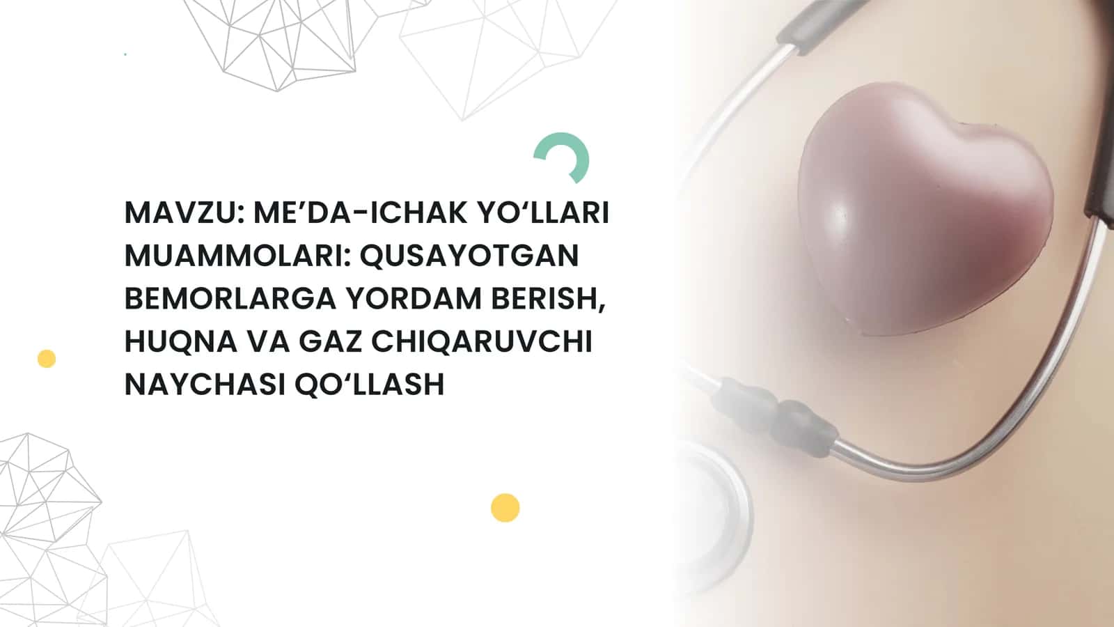 ME’DA-ICHAK YO‘LLARI MUAMMOLARI: QUSAYOTGAN BEMORLARGA YORDAM BERISH, HUQNA VA GAZ CHIQARUVCHI NAYCHASI QO‘LLASH 1