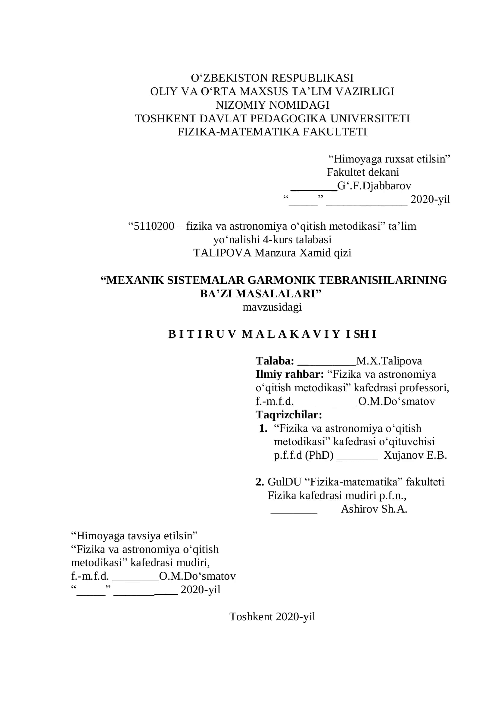 MEXANIK SISTEMALAR GARMONIK TEBRANISHLARINING BA’ZI MASALALARI 1