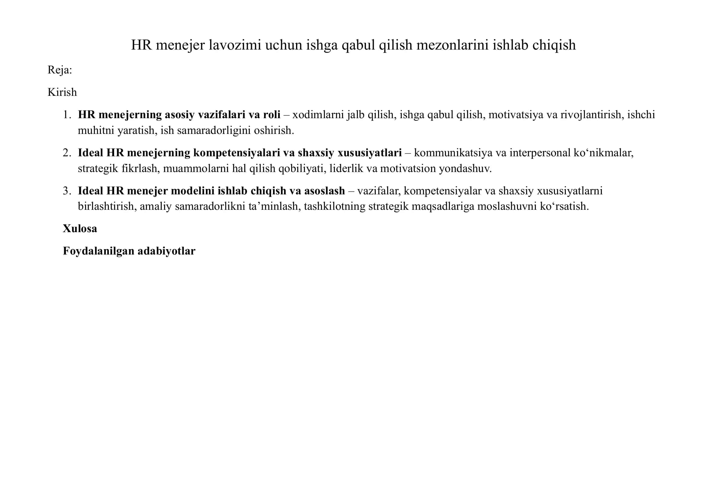 HR menejer lavozimi uchun ishga qabul qilish mezonlarini ishlab chiqish 1