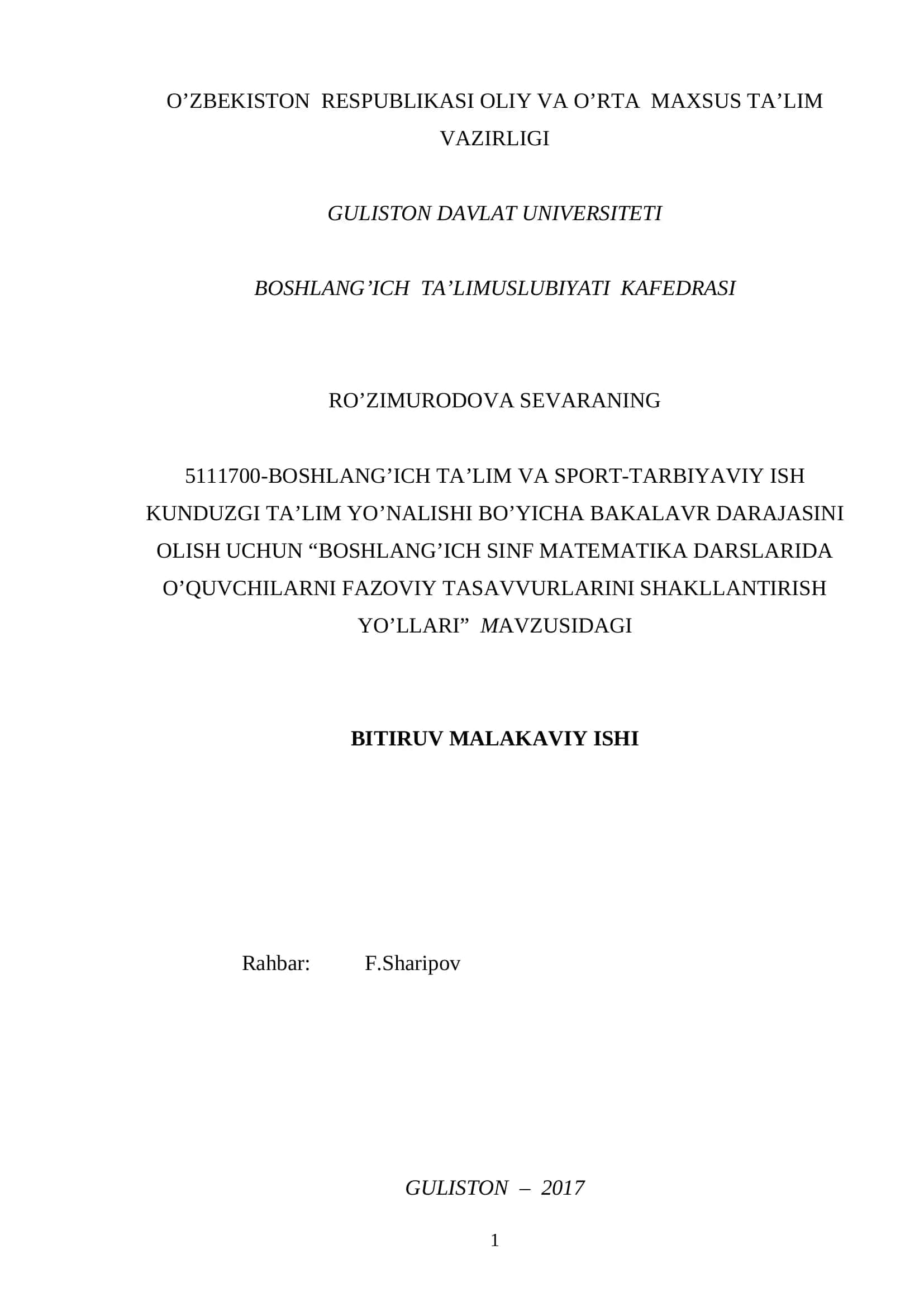 BOSHLANG’ICH SINF MATEMATIKA DARSLARIDA O’QUVCHILARNI FAZOVIY TASAVVURLARINI SHAKLLANTIRISH YO’LLARI 1