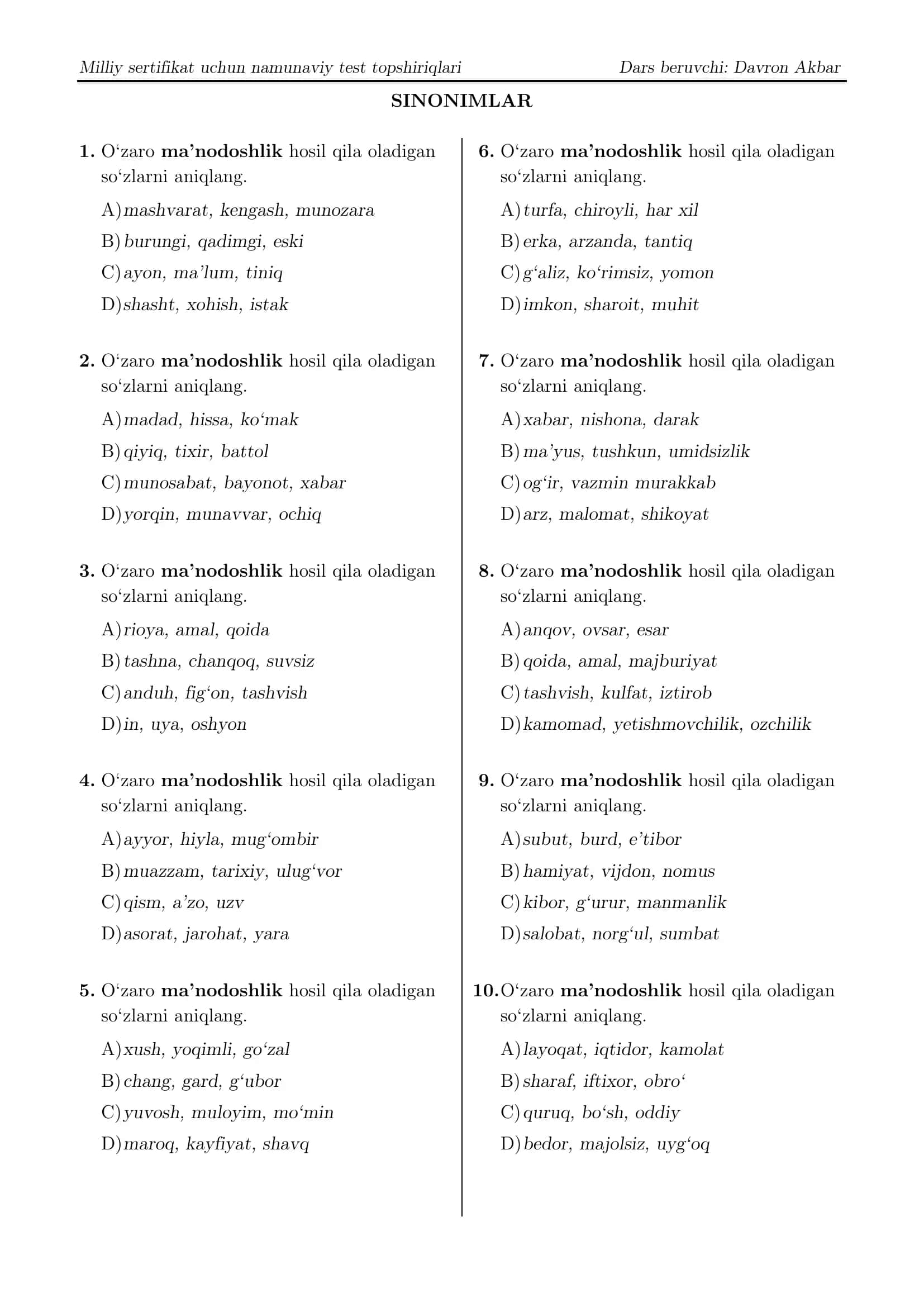 Namunaviy test topshiriqlari - sinonimlar 1