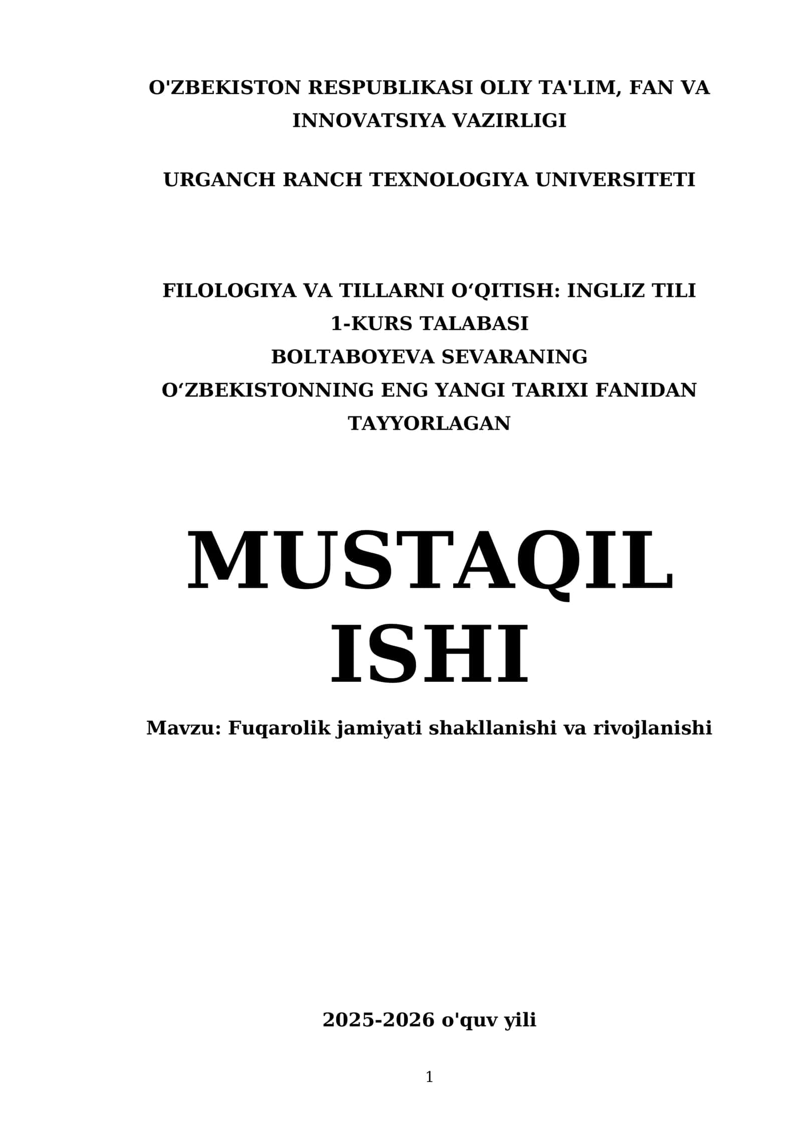 Oʻzbekistonning eng yangi tarixi fanidan tayyorlagan mustaqil ishi 1