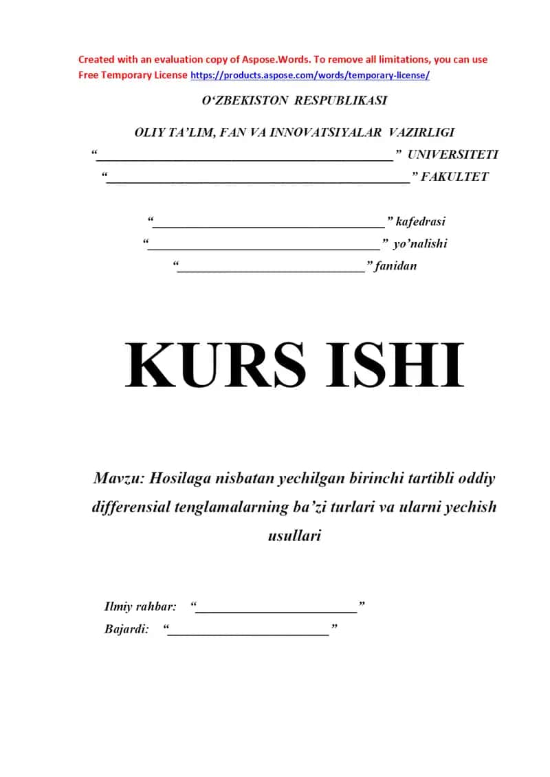 Hosilaga nisbatan yechilgan birinchi tartibli oddiy differensial tenglamalarning ba’zi turlari va ularni yechish usullari 1