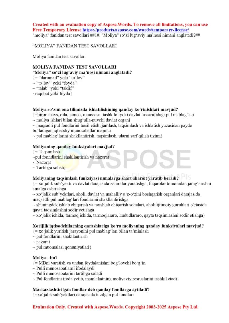 Moliya fanidan test savollari 2025 1