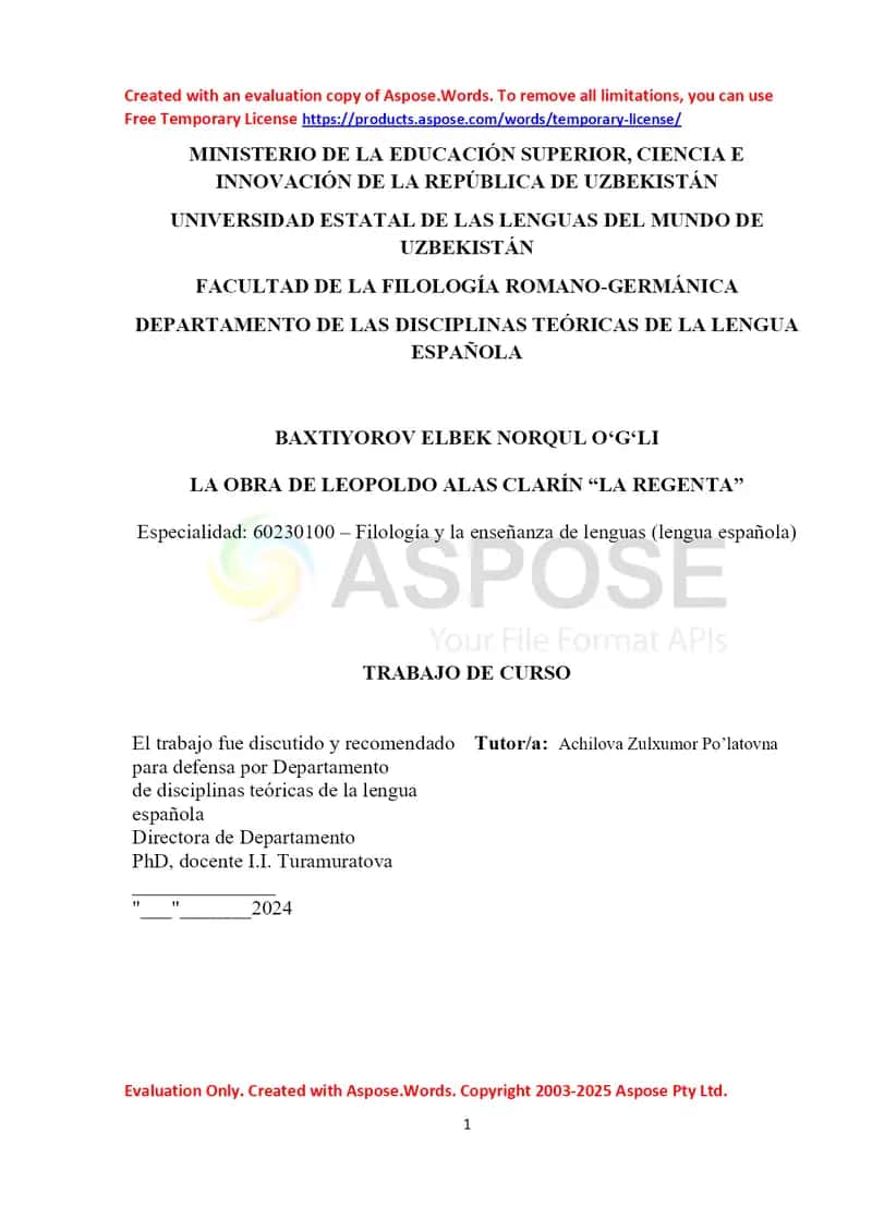 Kurs ishi: “La obra de Leopoldo Alas Clarín – La Regenta” 1