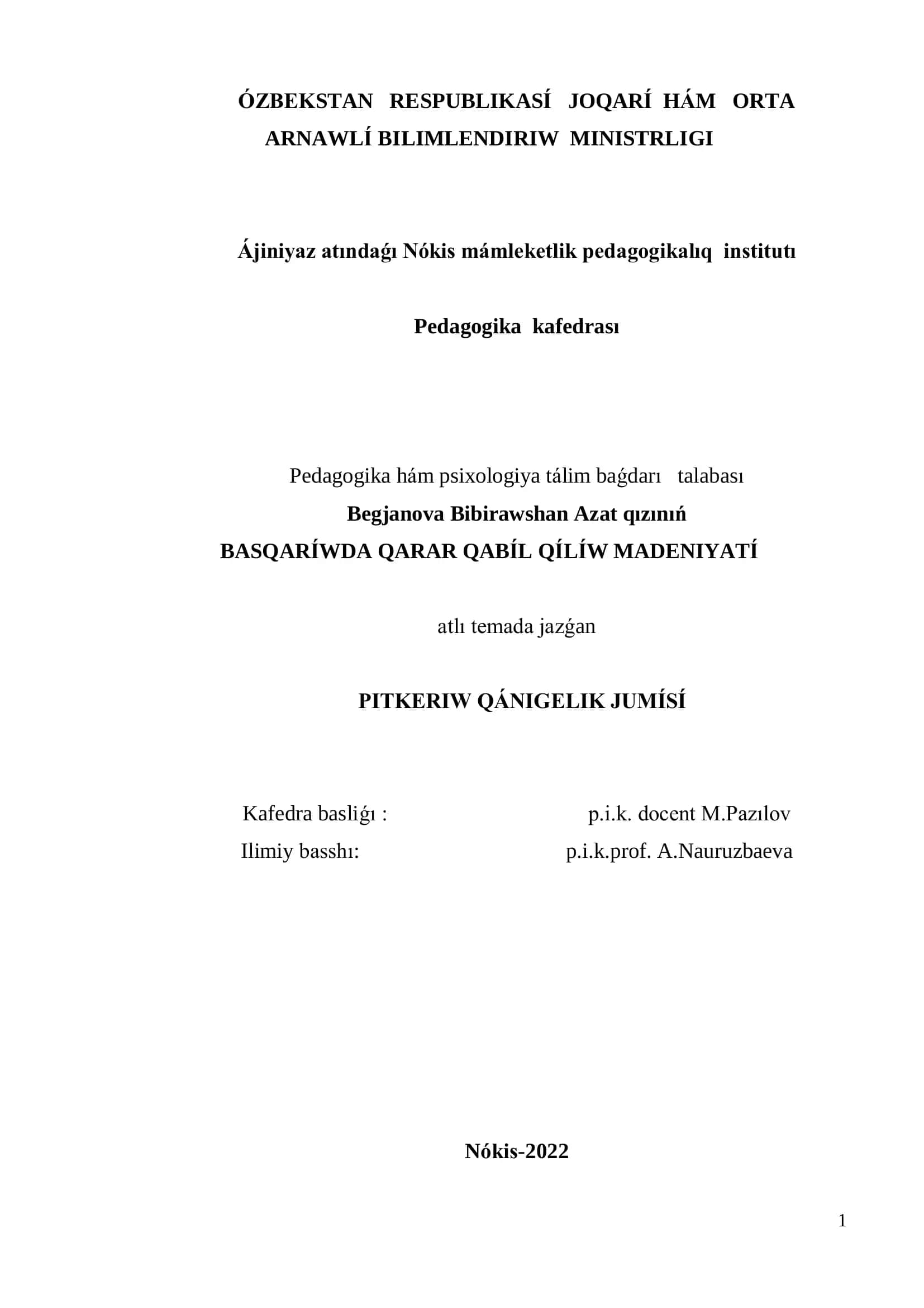 Ózbekstan RespublikasÍ JoqarÍ Hám Orta ArnawlÍ Bilimlendiriw Ministerligi 1