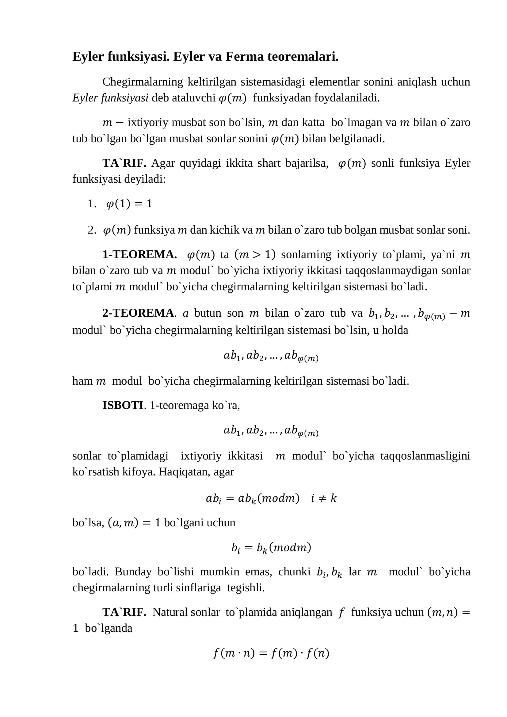 Eyler funksiyasi. Eyler va Ferma teoremalari 1