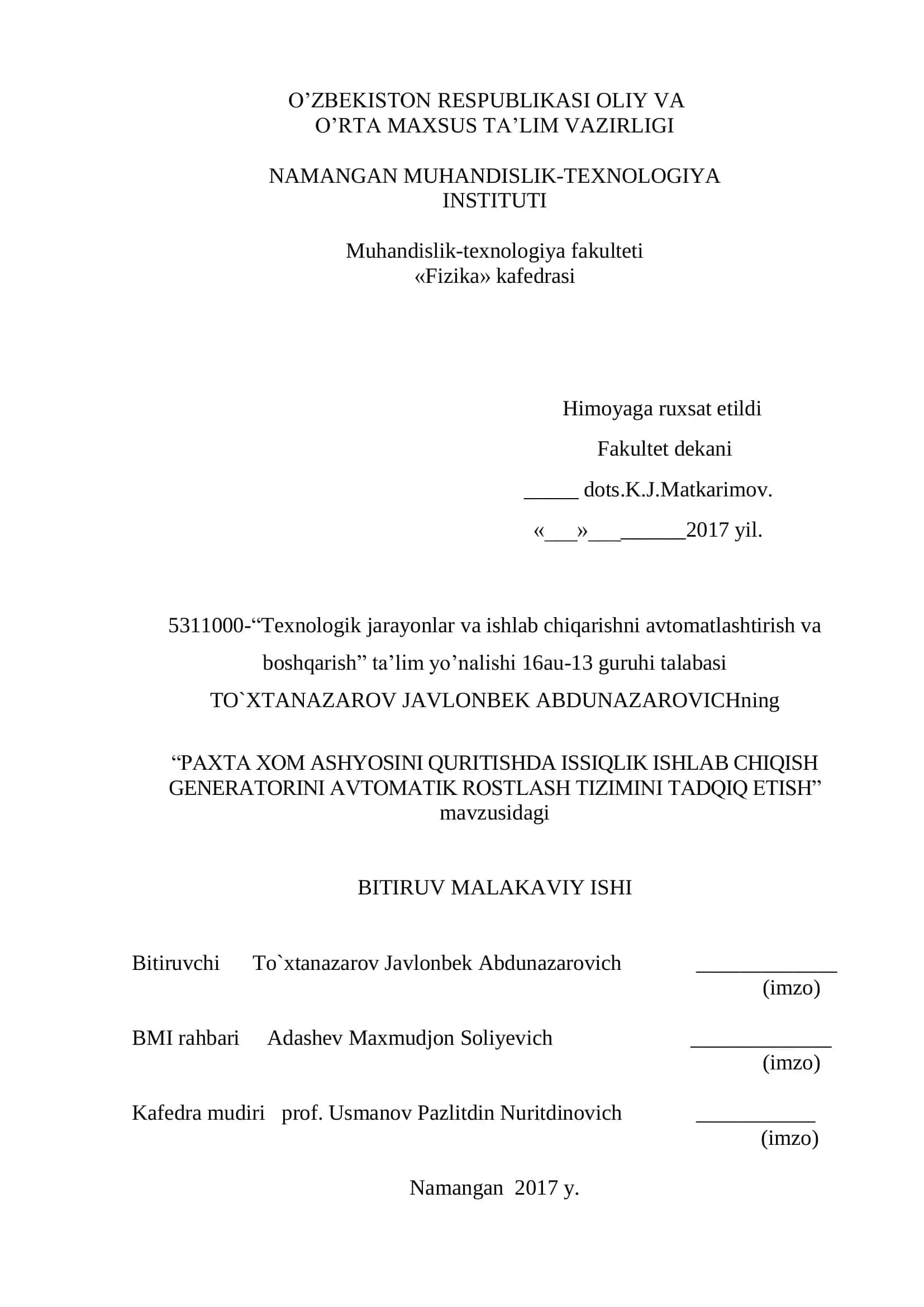 "PAXTA XOM ASHYOSINI QURITISHDA ISSIQLIK ISHLAB CHIQISH GENERATORINI AVTOMATIK ROSTLASH TIZIMINI TADQIQ ETISH" mavzusidagi BITIRUV MALAKAVIY ISHI 1