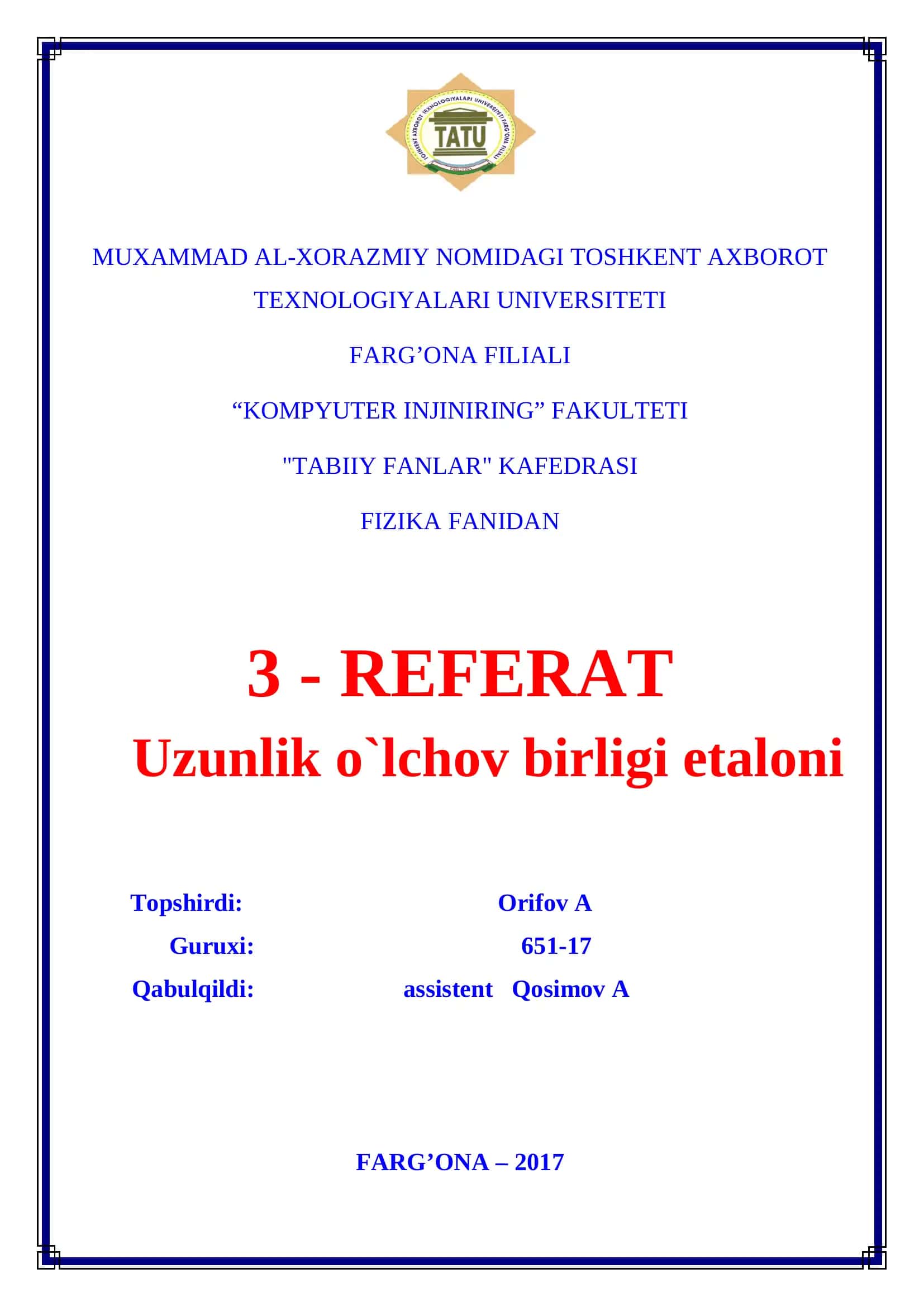 Uzunlik o`lchov birligi etaloni 1