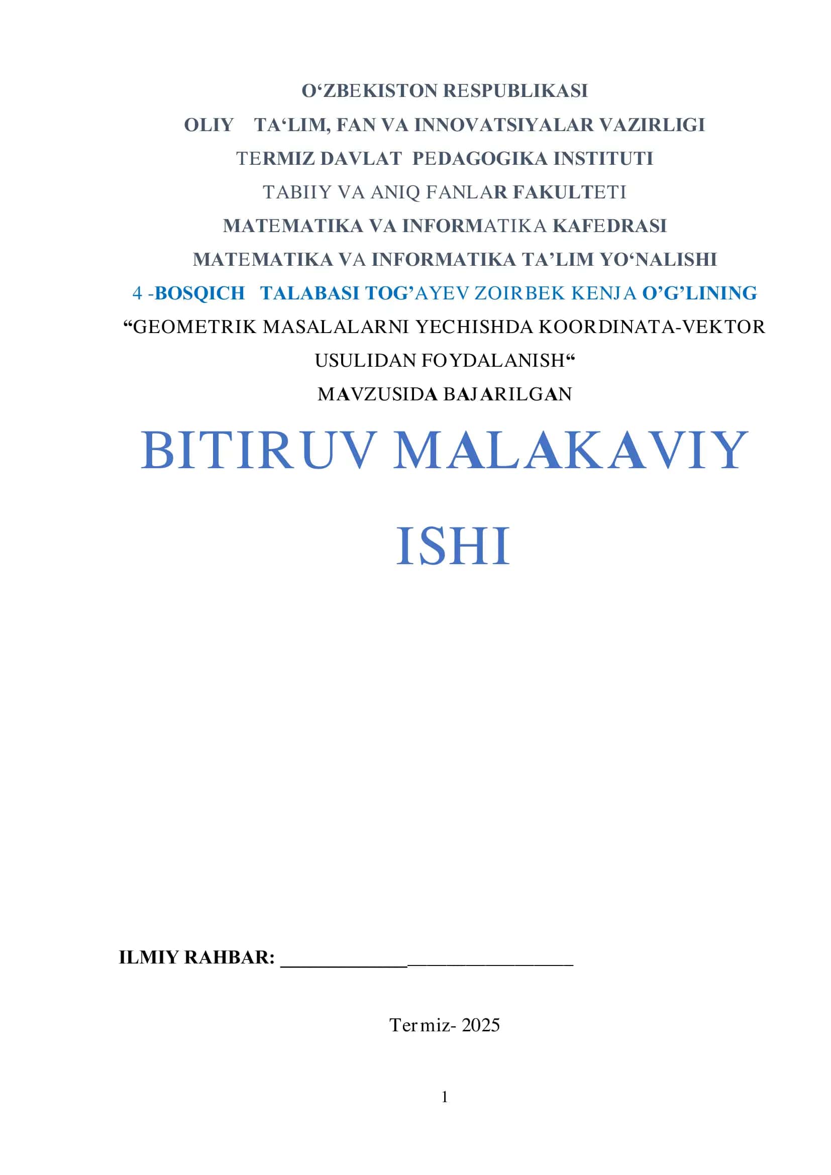 GEOMETRIK MASALALARNI YECHISHDA KOORDINATA-VEKTOR  USULIDAN FOYDALANISH 1