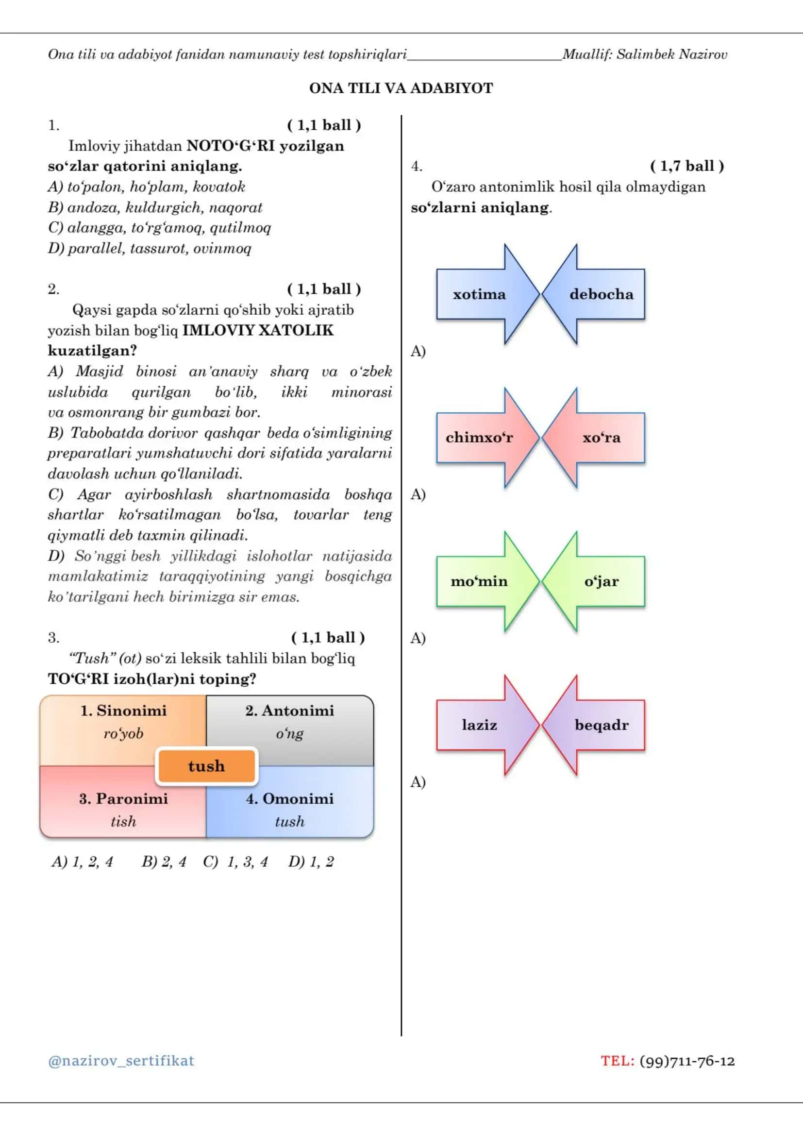 Опа tili va adabiyot fanidan na'munaviy test topshiriqlari 7 1