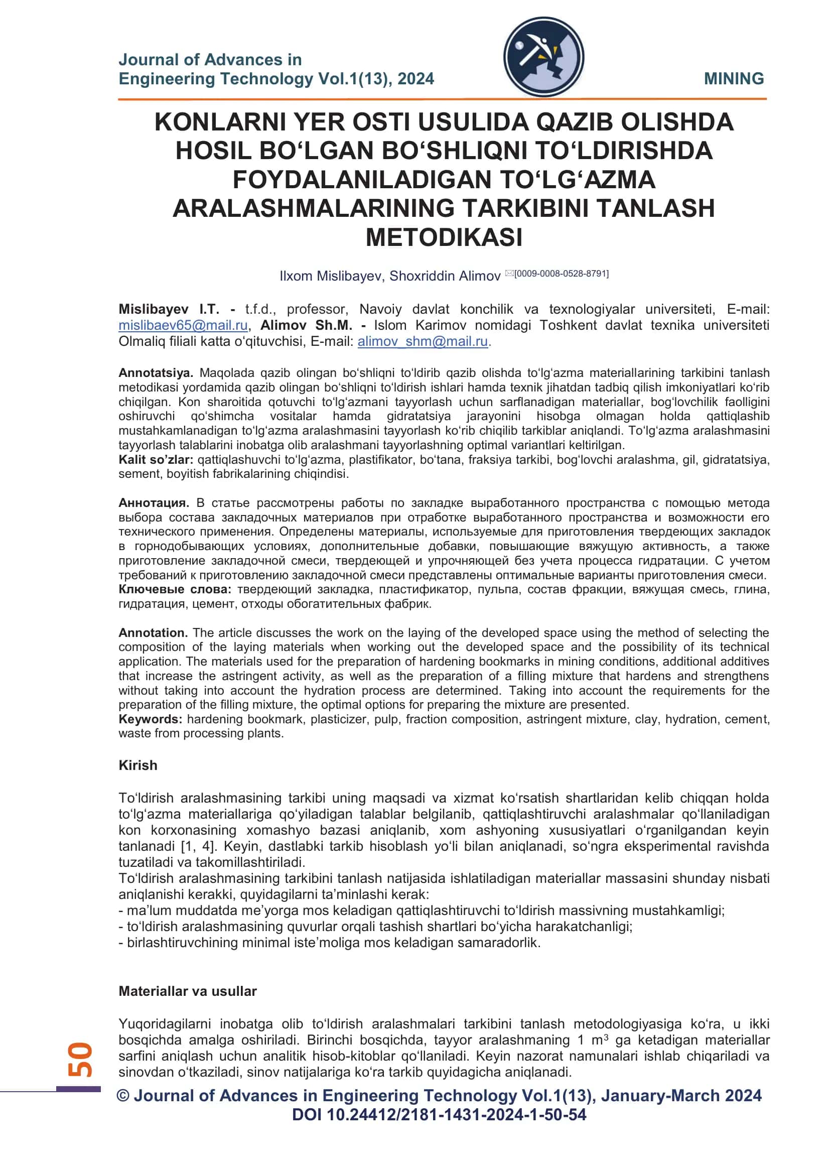 Konlarni yer osti usulida qazib olishda hosil bo‘lgan bo‘shliqni to‘ldirishda foydalaniladigan to‘lg‘azma aralashmalarining tarkibini tanlash metodikasi 1