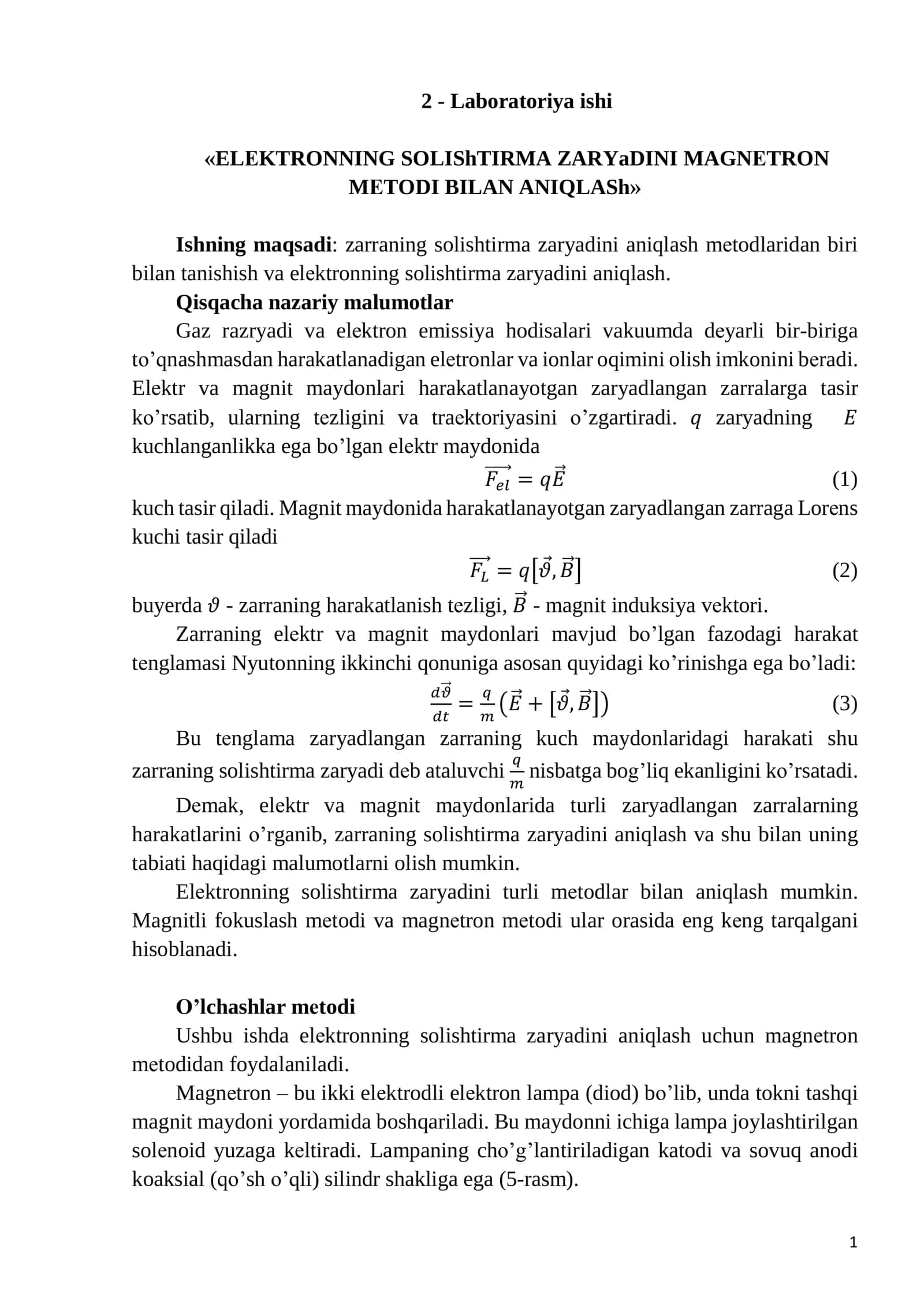 ELЕKTRONNING SOLIShTIRMA ZARYaDINI MAGNЕTRON MЕTODI BILAN ANIQLASh 1