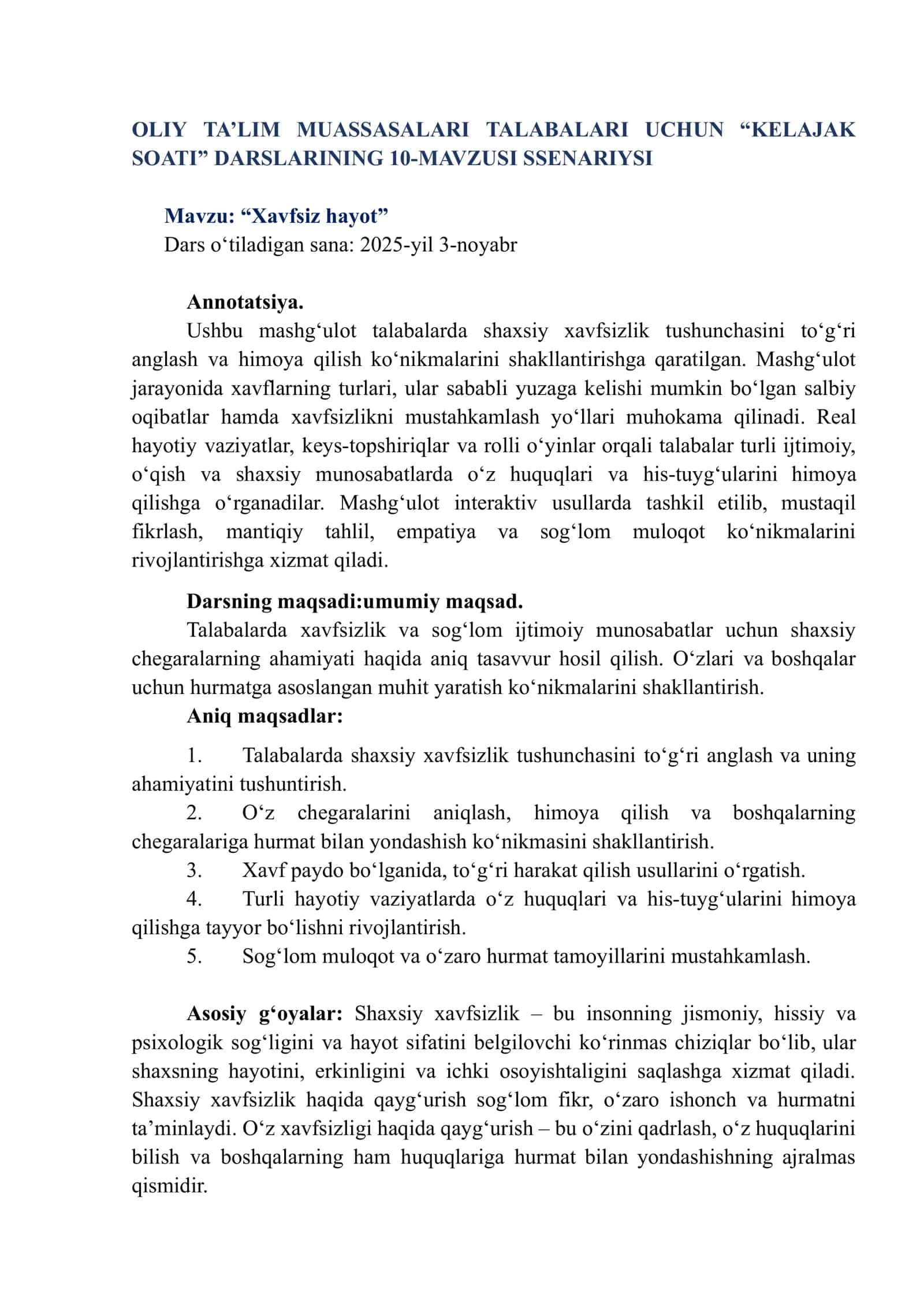 Xavfsiz hayot. dars ishlanmasi 1