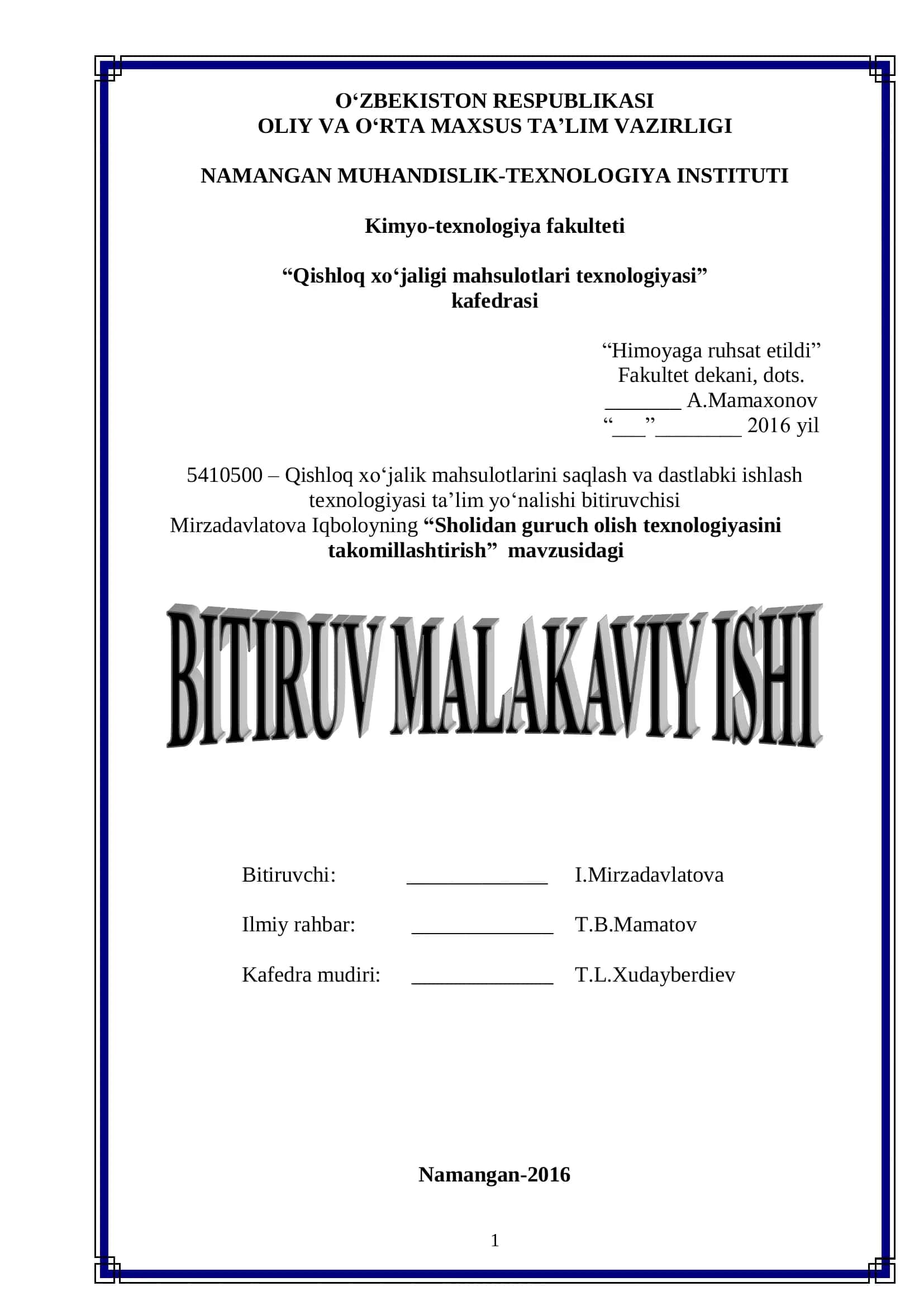 Qishloq xo‗jalik mahsulotlarini saqlash va dastlabki ishlash texnologiyasi ta‘lim yo‗nalishi bitiruvchisi 1