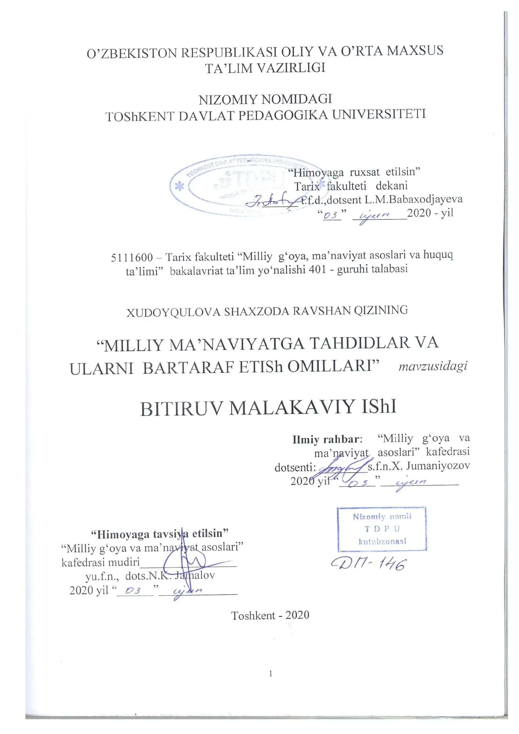 "MILLIY MA’NAVIYATGA TAHDIDLAR VA ULARNI BARTARAF ETISh OMILLARI" BITIRUV MALAKAVIY IShI 1