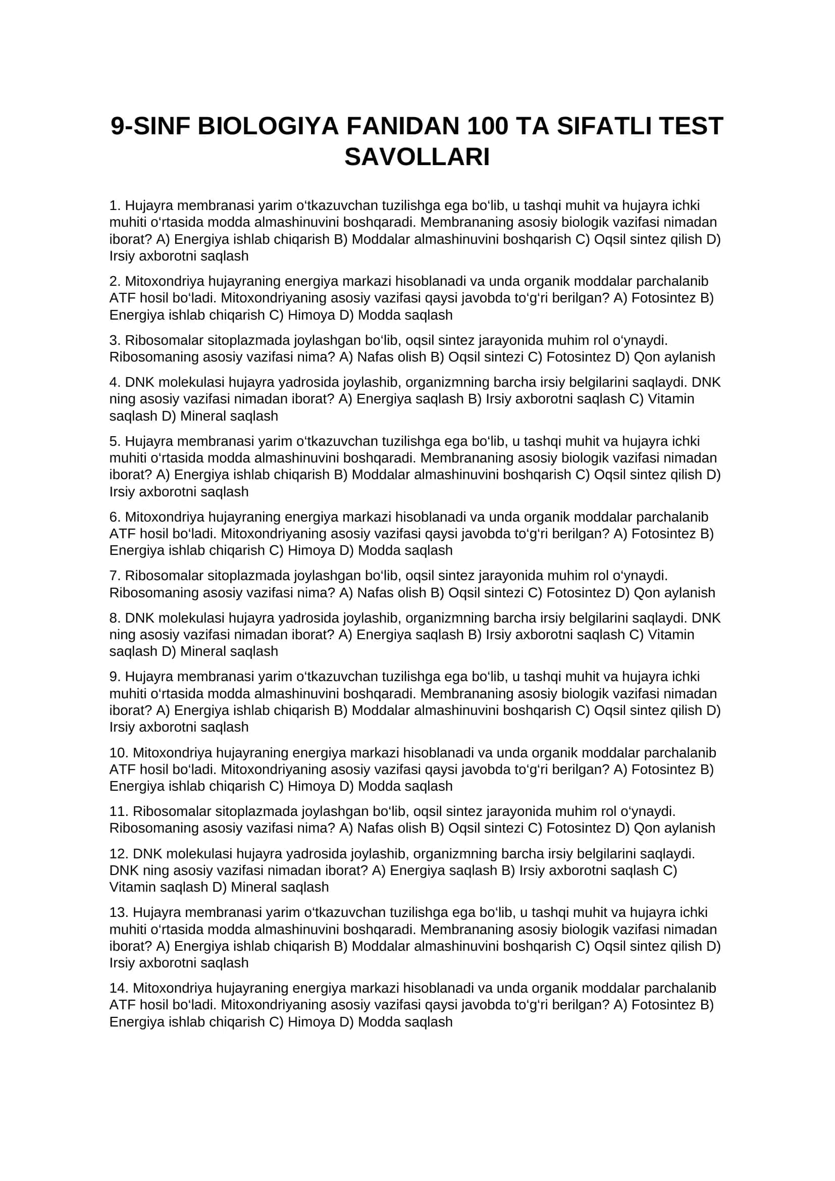 9-SINF BIOLOGIYA FANIDAN 100 TA SIFATLI TEST SAVOLLARI 1