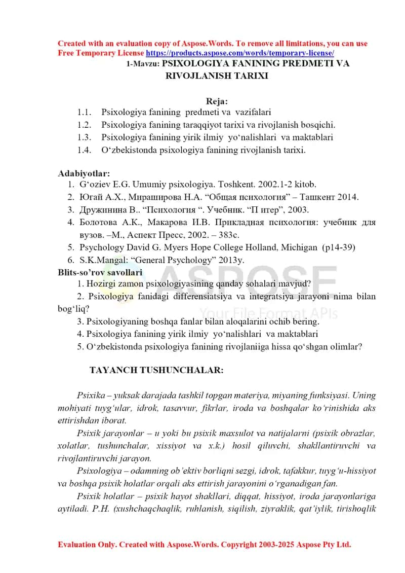 Psixologiya fanining predmeti va rivojlanish tarixi 1