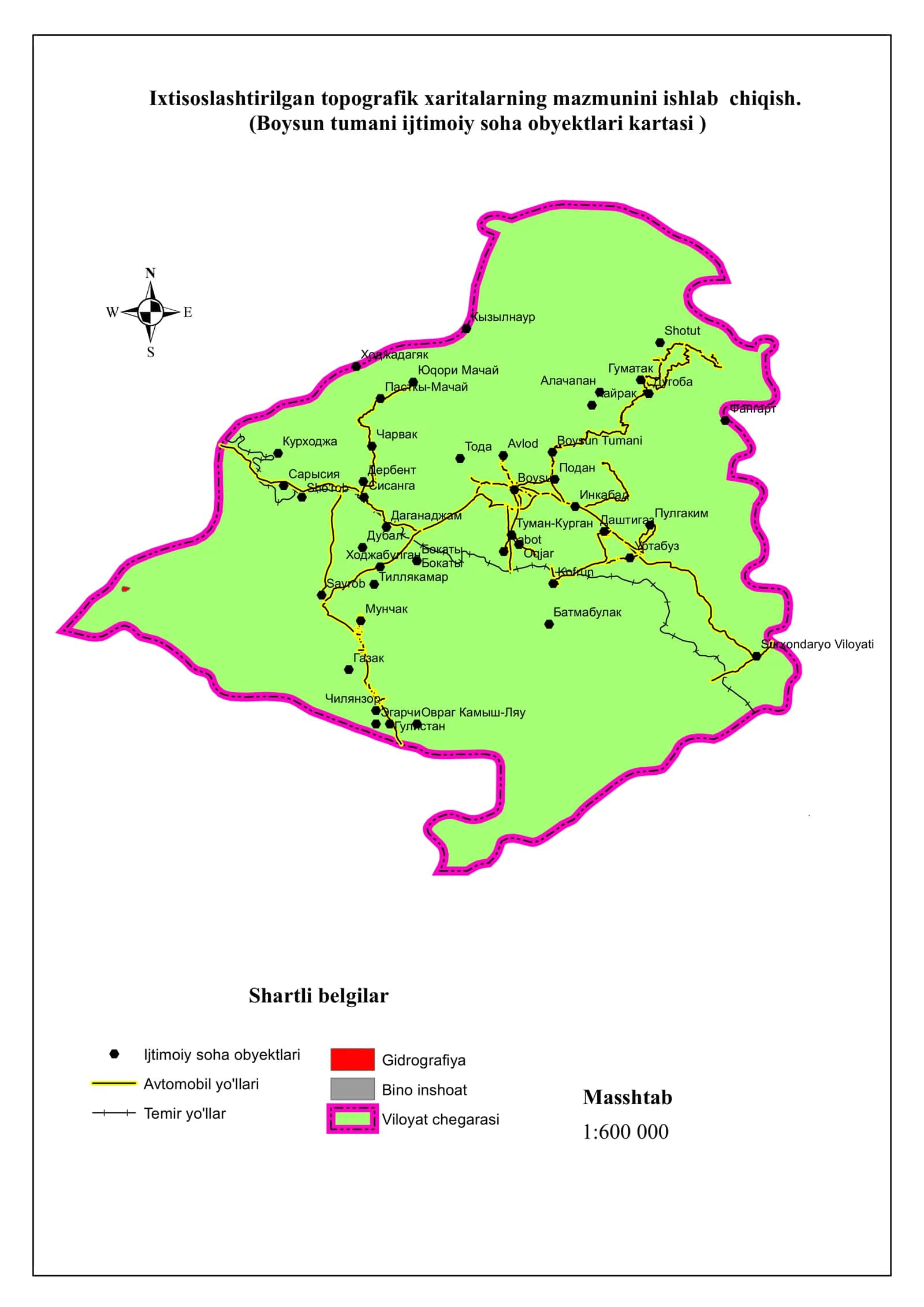 Ixtisoslashtirilgan topografik xaritalarning mazmunini ishlab chiqish. (Boysun tumani ijtimoiy soha obyektlari kartasi ) 1