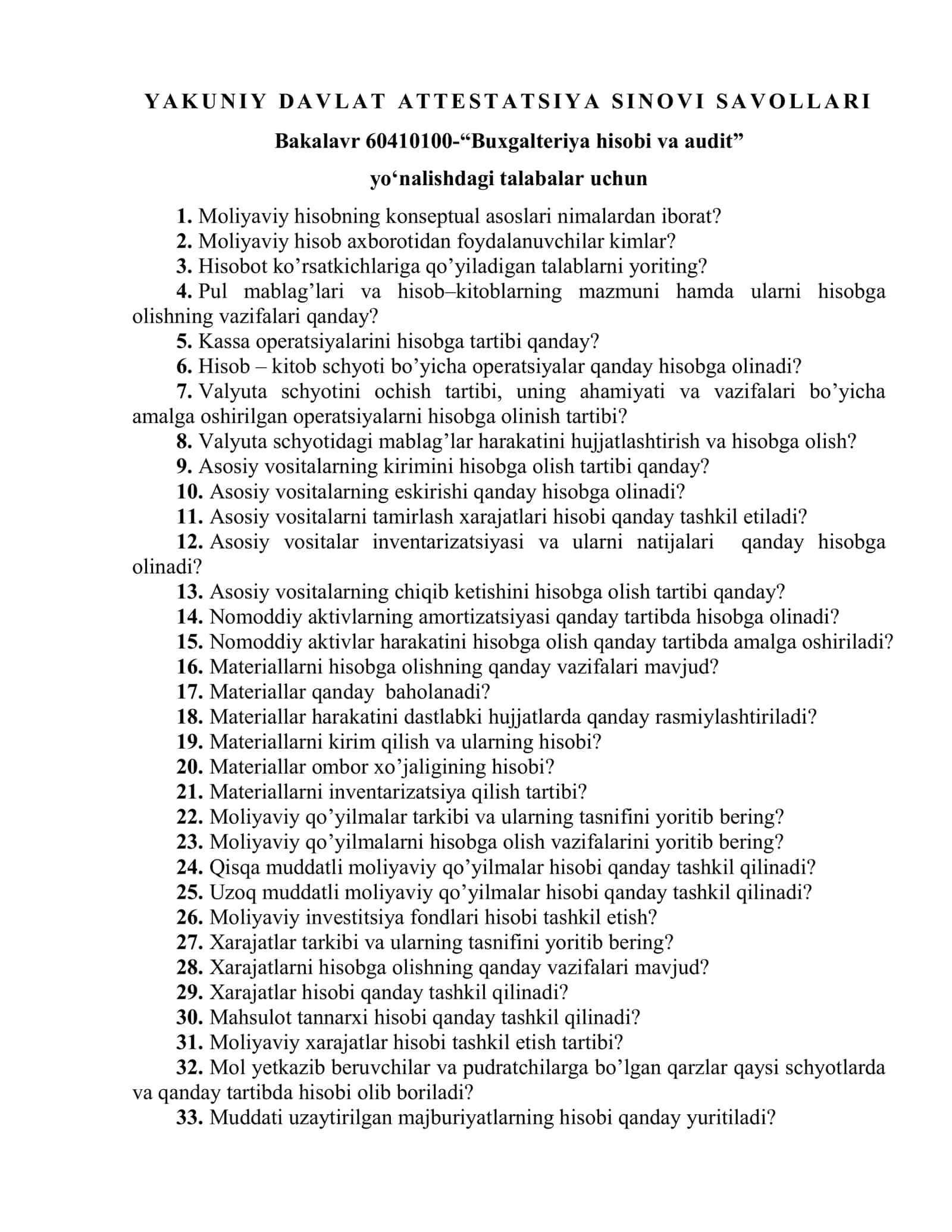 Buxgalteriya hisobi va audit”  yo‘nalishdagi talabalar uchun 1