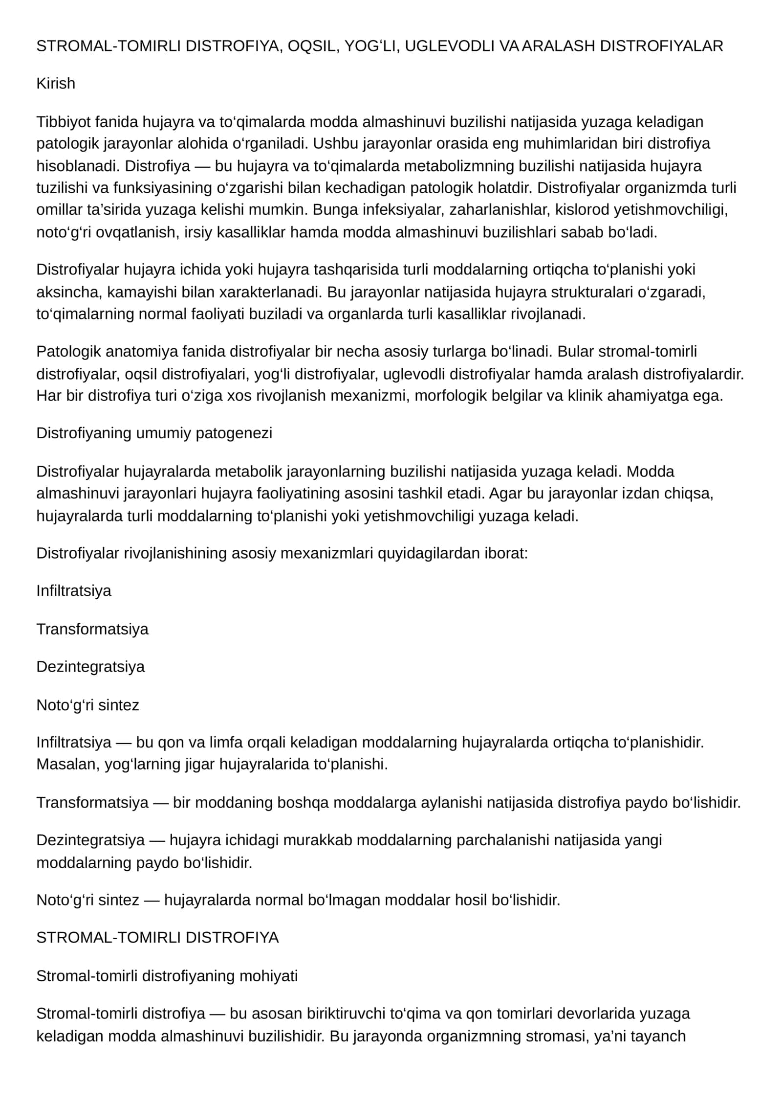 STROMAL-TOMIRLI DISTROFIYA, OQSIL, YOGʻLI, UGLEVODLI VA ARALASH DISTROFIYALAR 1