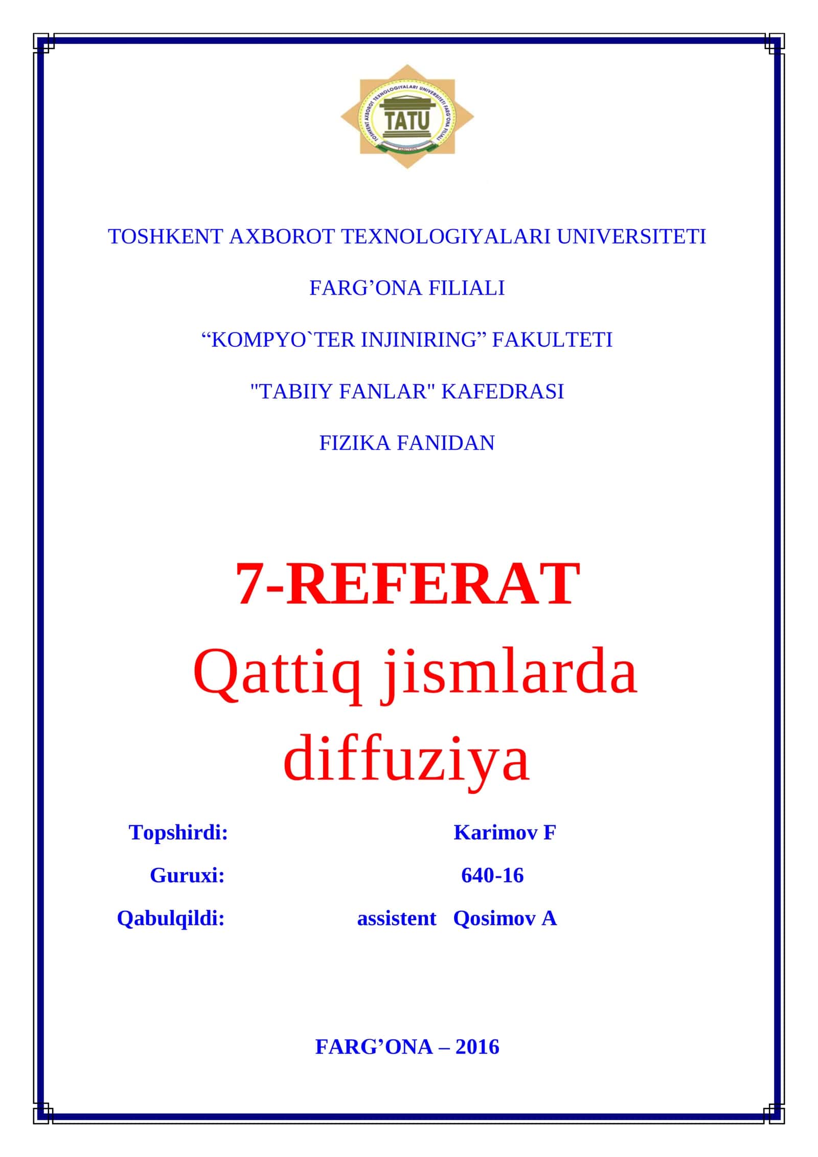 Qattiq jismlarda diffuziya mavzusida tayyor sifatli refarat 1