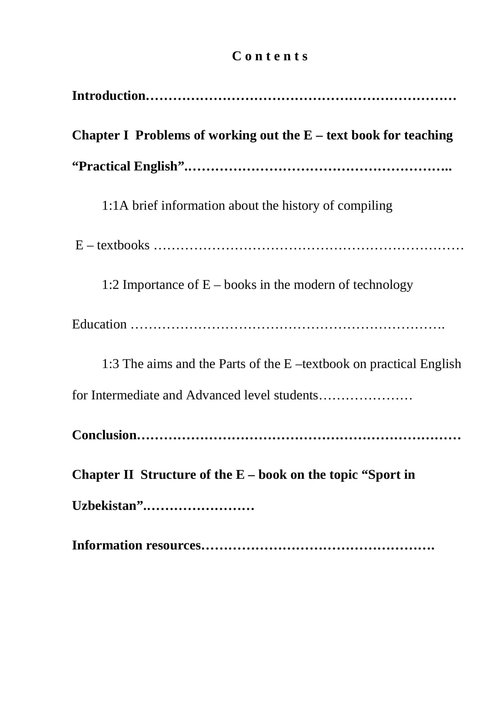 Structure of the E – book on the topic “Sport in Uzbekistan” 1