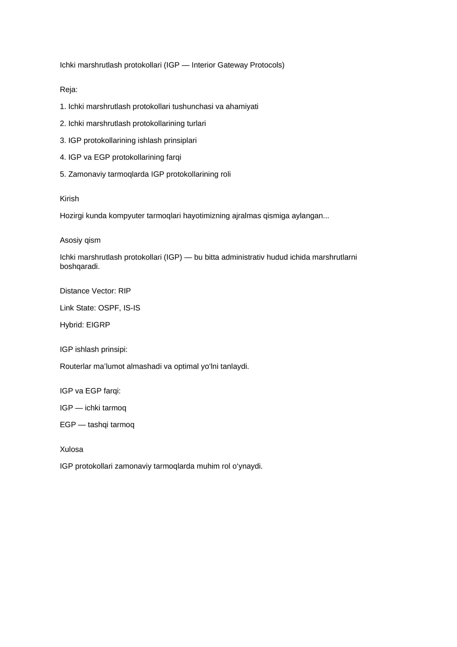 Ichki marshrutlash protokollari (IGP — Interior Gateway Protocols) 1