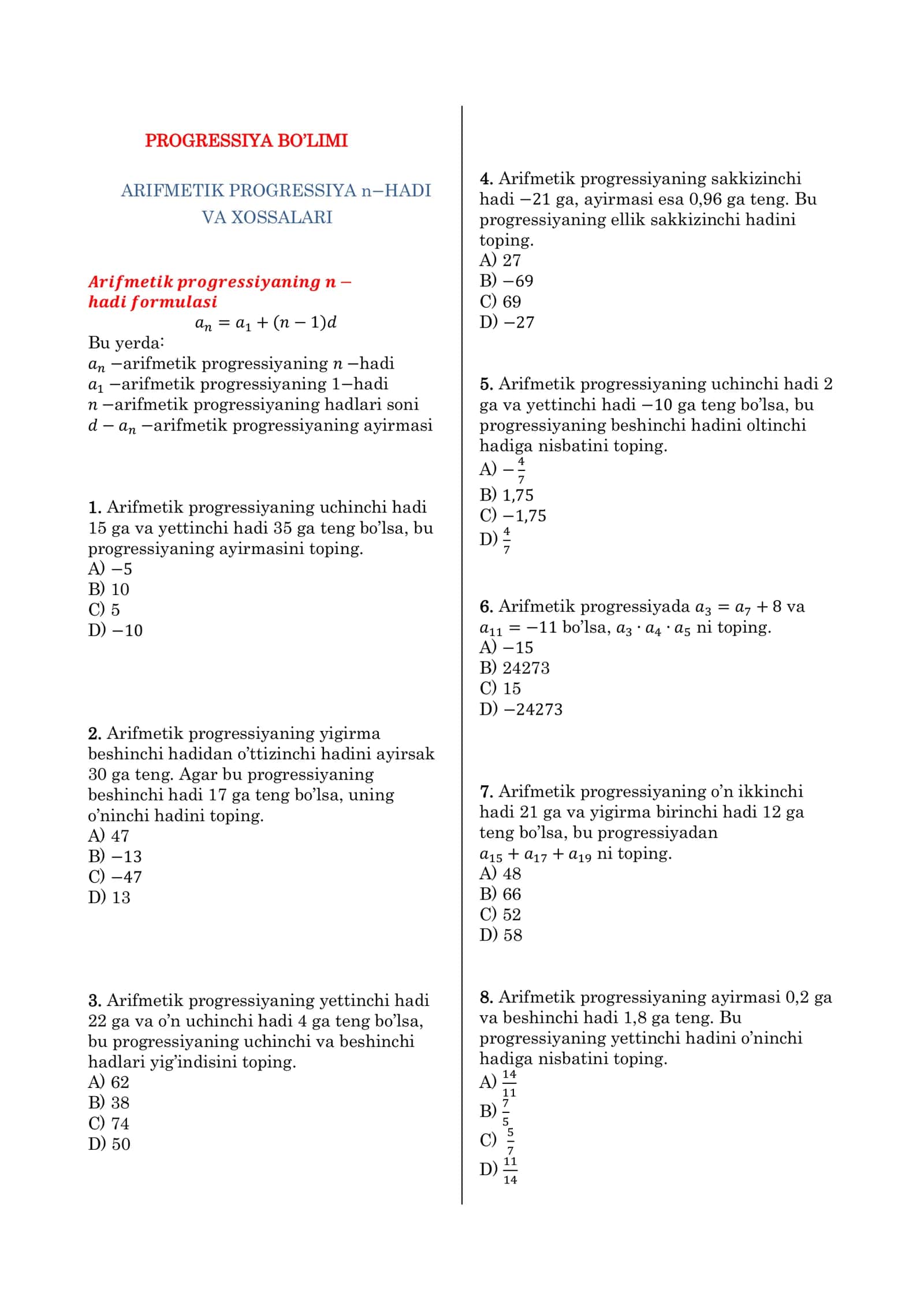 ARIFMETIK PROGRESSIYA n−HADI VA XOSSALARI 1
