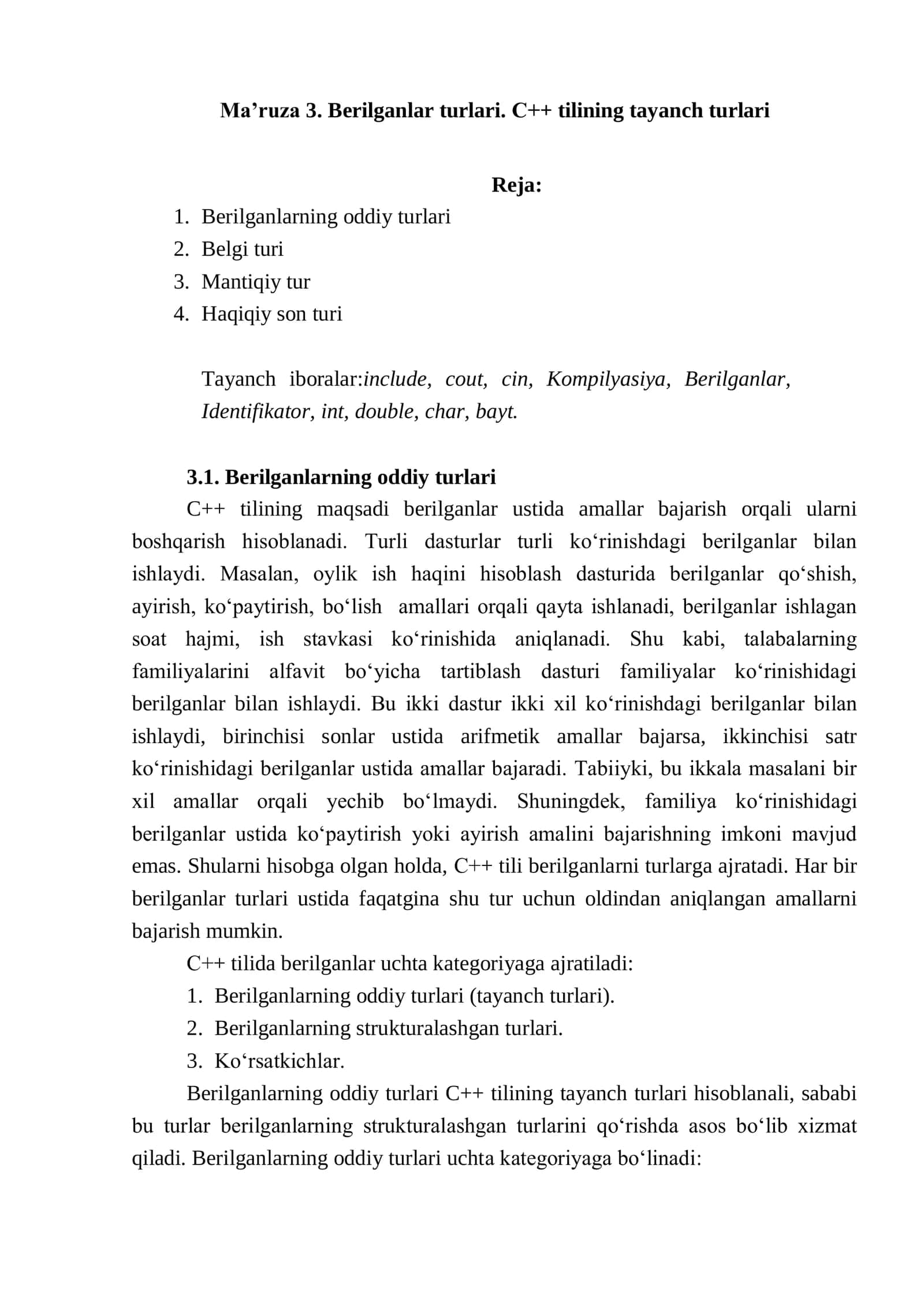 Ma’ruza 3. Berilganlar turlari. С++ tilining tayanch turlari 1