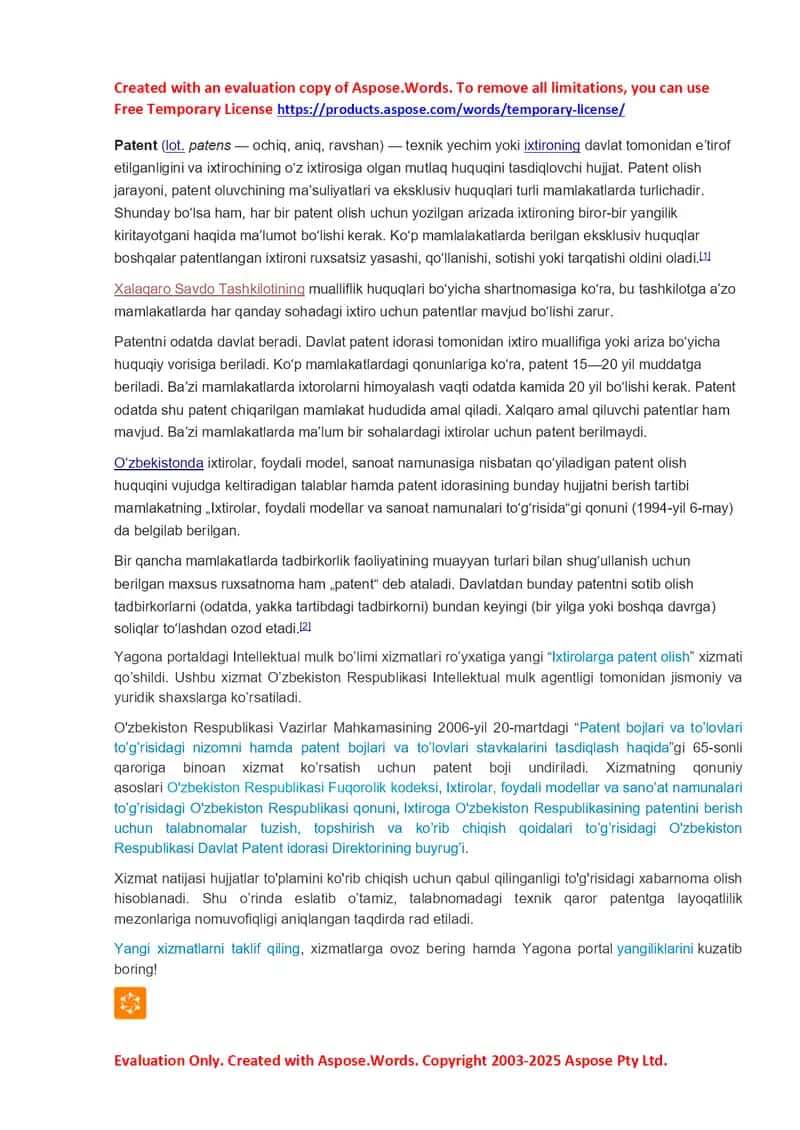 Litsenziya hujjatlari. Patent egasining huquq va majburiyatlari 1