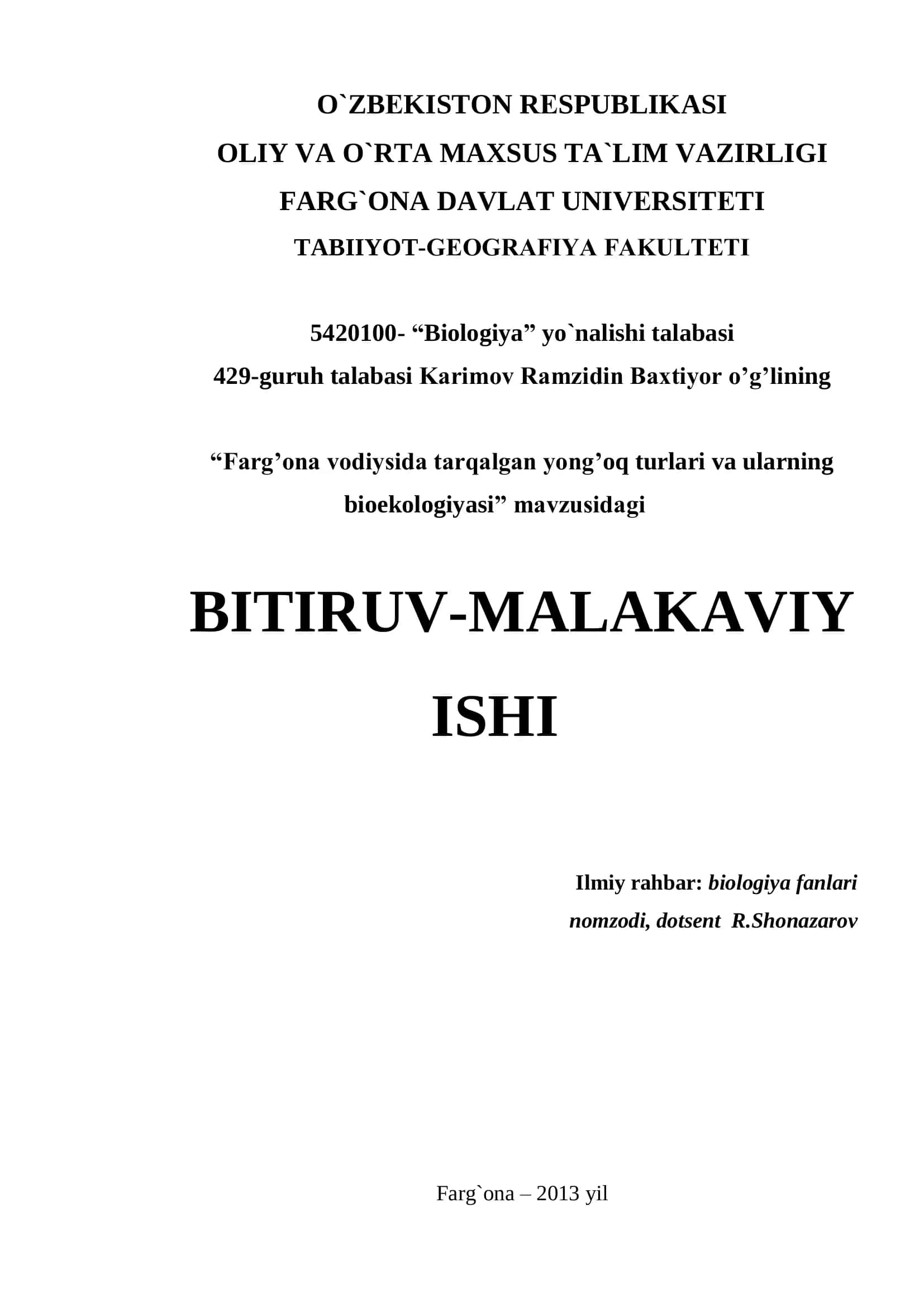 “Farg’ona vodiysida tarqalgan yong’oq turlari va ularning bioekologiyasi” BITIRUV-MALAKAVIY ISHI 1