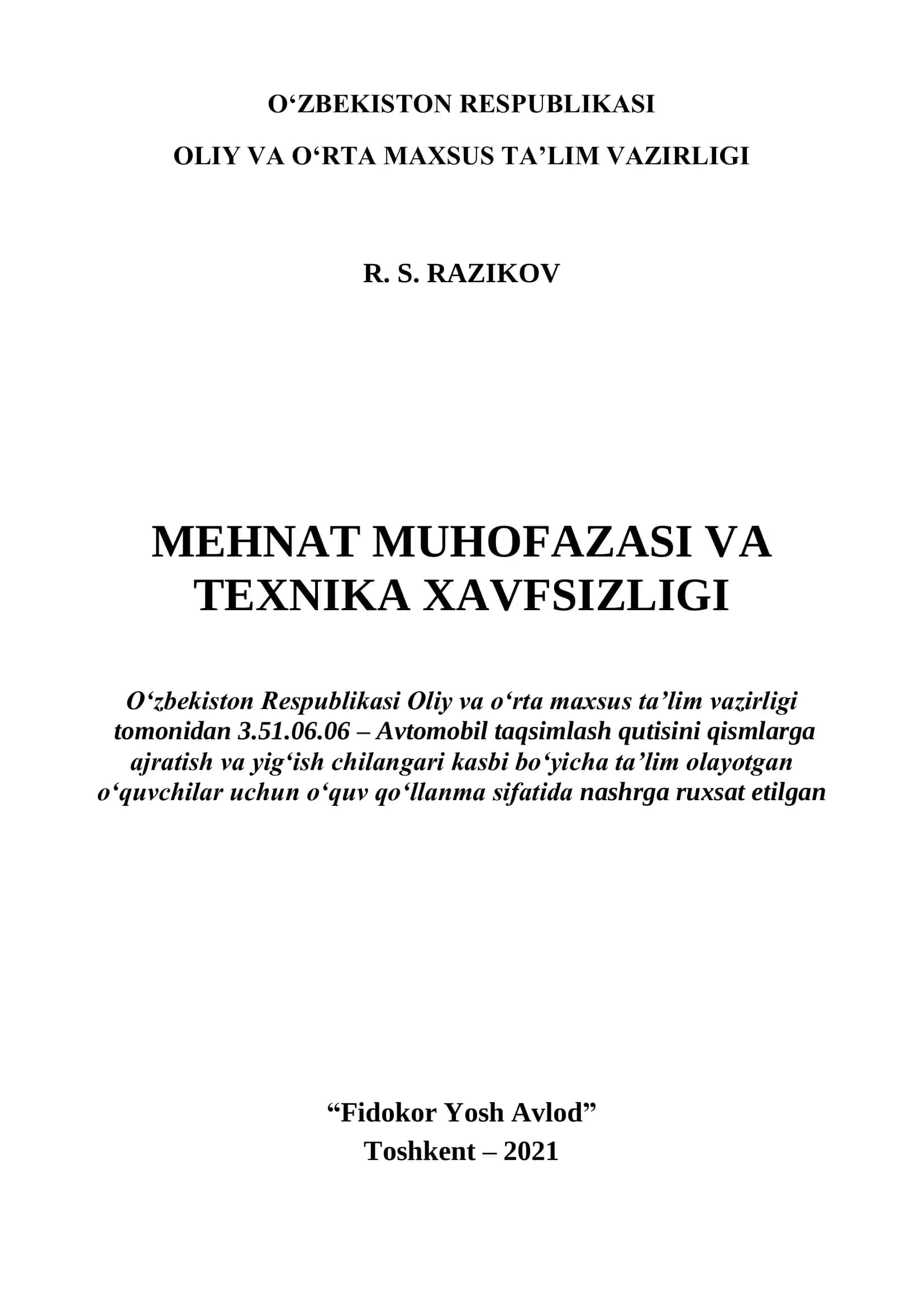 Mehnat muhofazasi va xavfsizlik texnikasi(R.S.RAZIKOV) 1