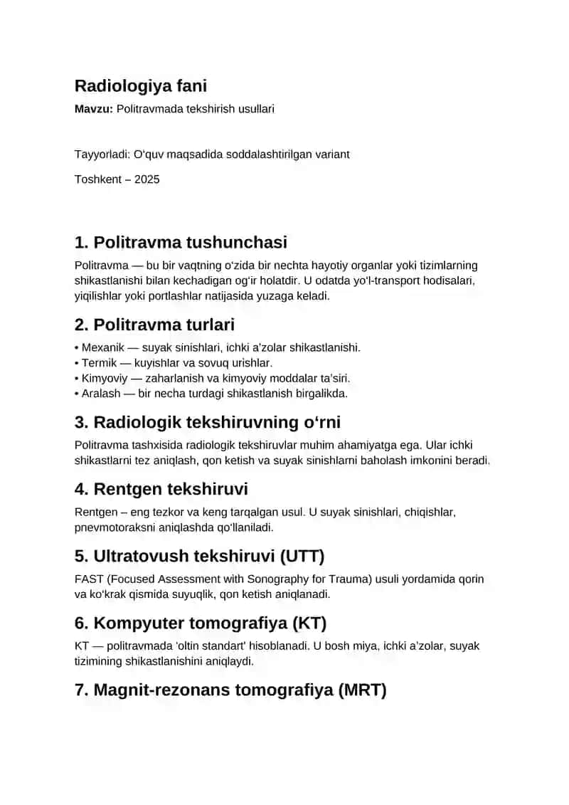 Politravmada tekshirish usullari