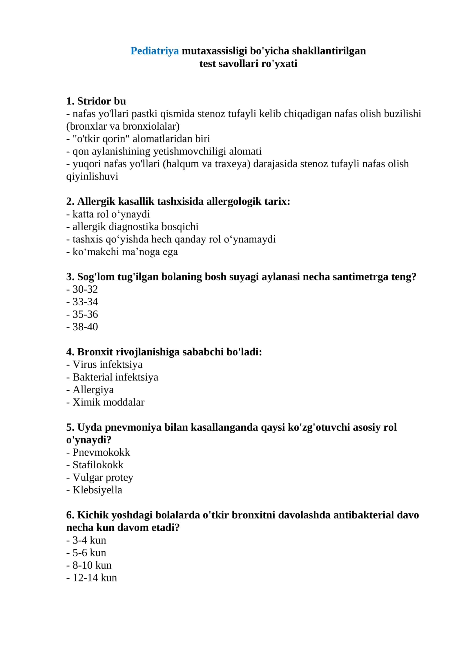 Pediatriya mutaxassisligi bo'yicha shakllantirilgan test savollari argos 1