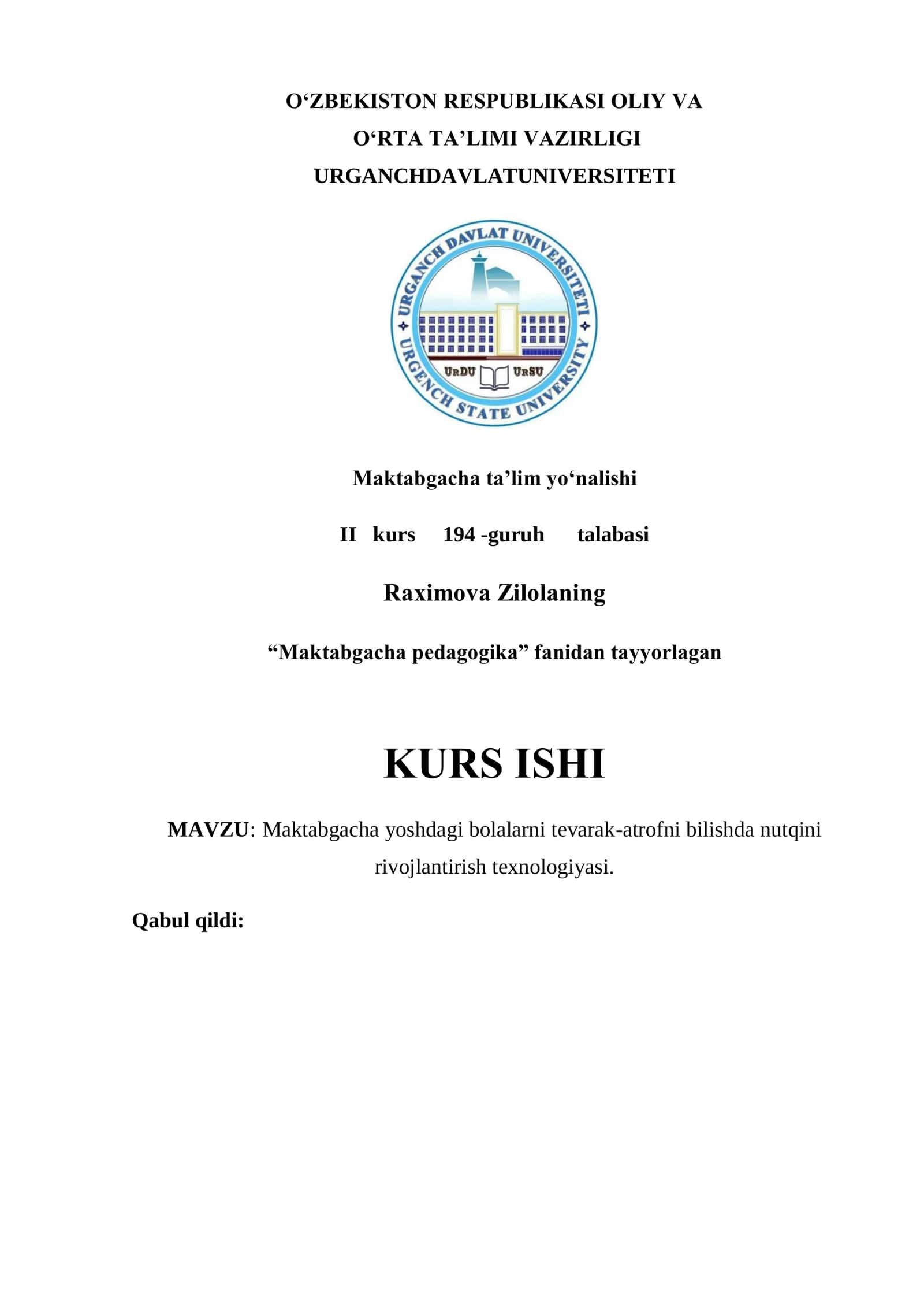 MAKTABGACHA YOSHDAGI BOLALARNI TEVARAK-ATROFNI BILISHDA NUTQINI RIVOJLANTIRISH TEXNOLOGIYASI 1