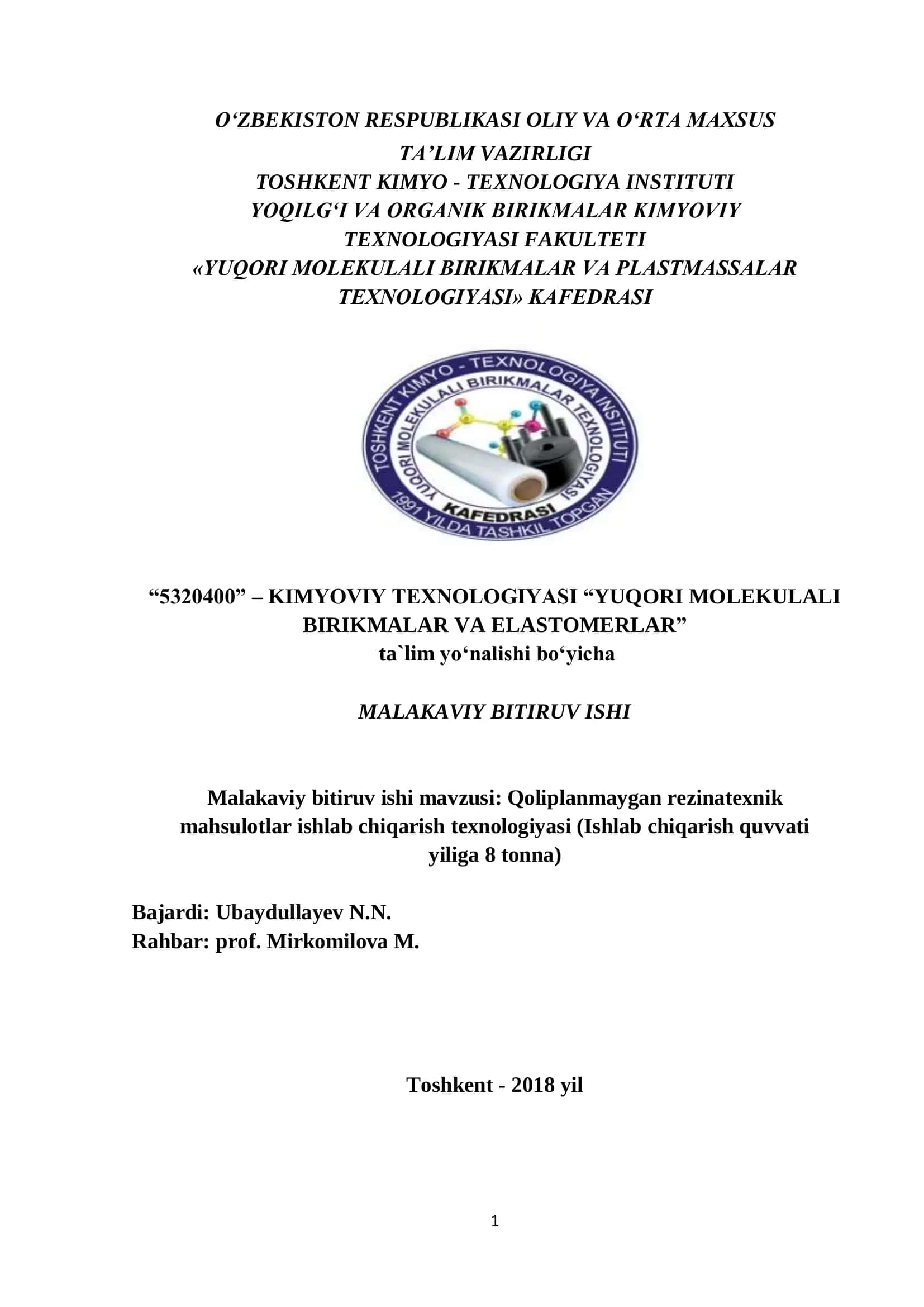 Qoliplanmaygan rezinatexnik mahsulotlar ishlab chiqarish texnologiyasi 1