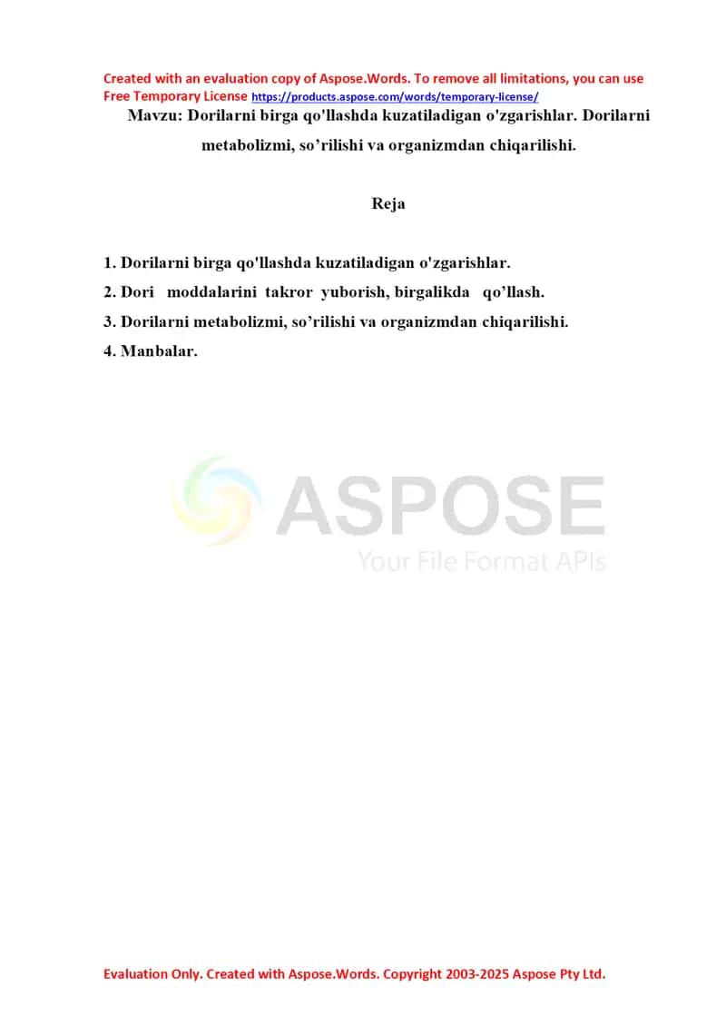Dorilarni birga qo'llashda kuzatiladigan o'zgarishlar. Dorilarni metabolizmi, so’rilishi va organizmdan chiqarilishi. Referat 7 bet. 1
