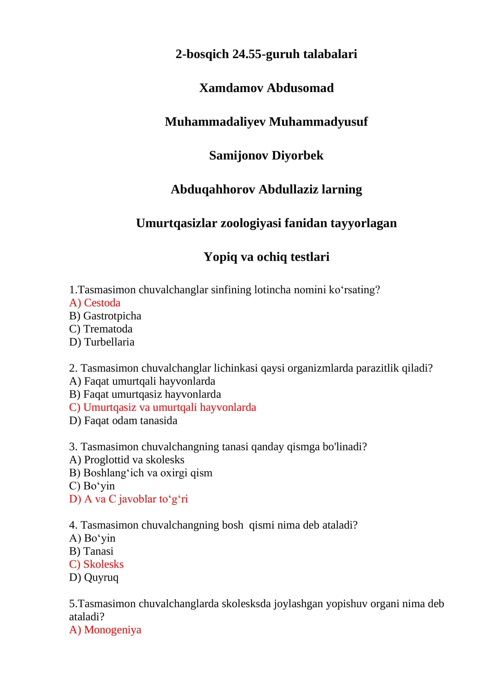 Umurtqasizlar zoologiyasi fanidan testlar 1