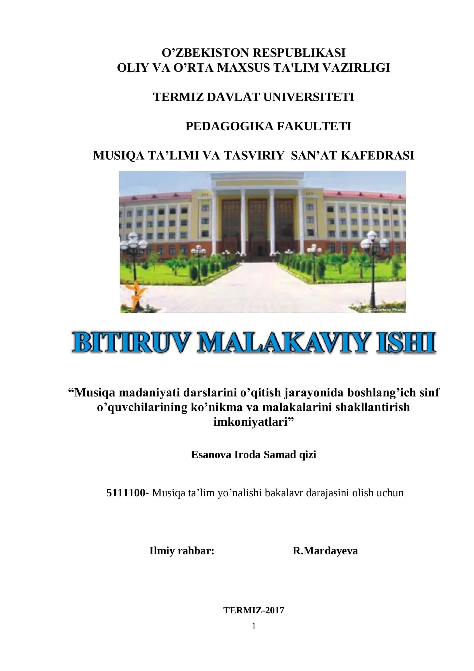 Musiqa madaniyati darslarini o’qitish jarayonida boshlang'ich sinf o’quvchilarining ko’nikma va malakalarini shakllantirish imkoniyatlari 1
