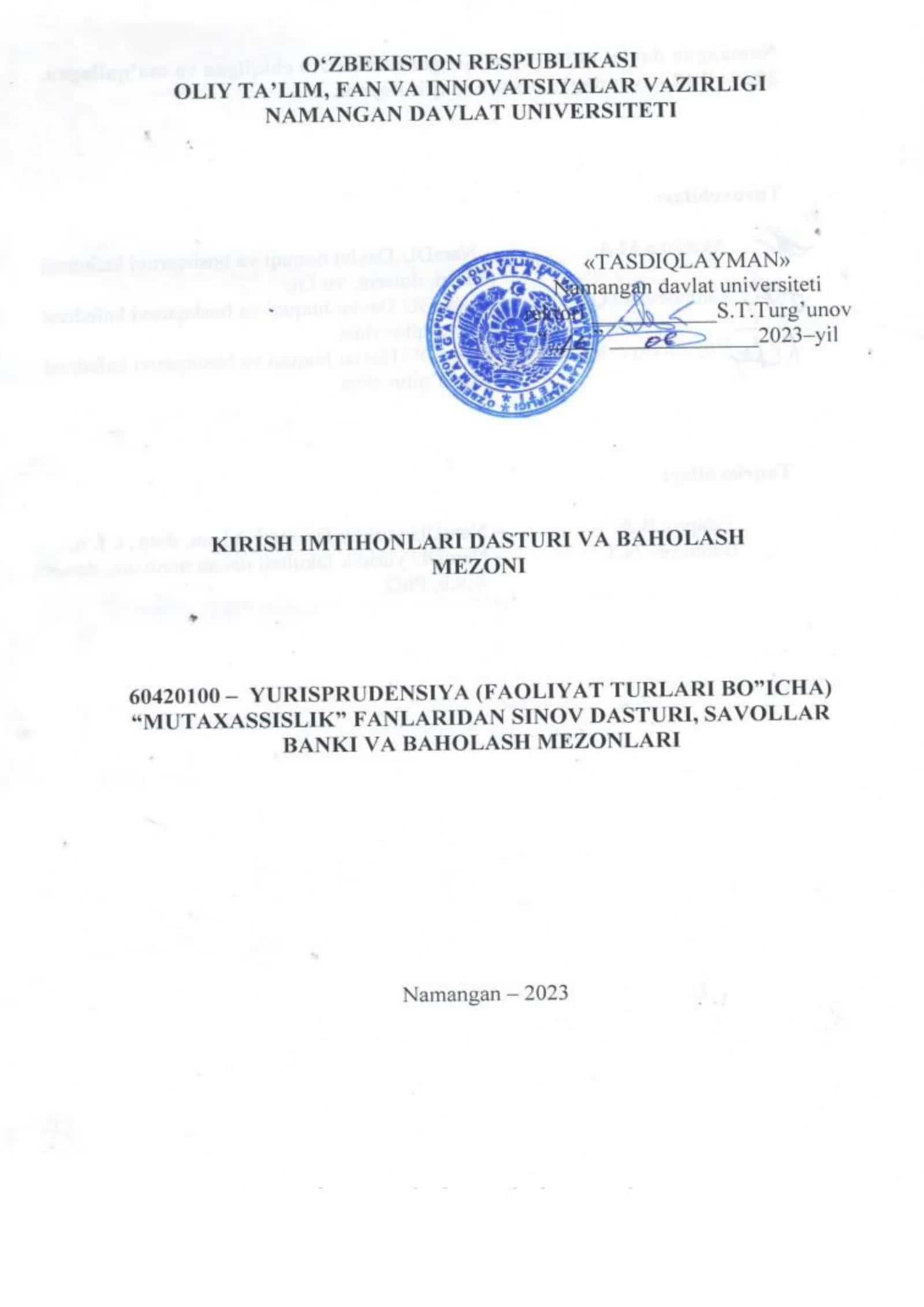 Huquqshunoslik fanlari bo'yicha tuzilgan ushbu dastur 1