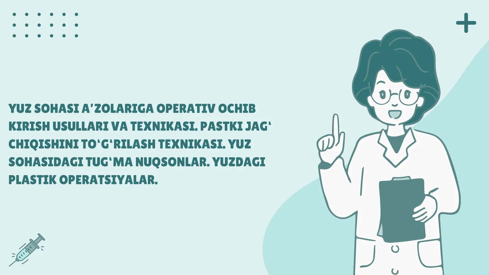 Yuz sohasi a’zolariga operativ ochib kirish usullari va texnikasi. Pastki jag‘ chiqishini to‘g‘rilash texnikasi. Yuz sohasidagi tug‘ma nuqsonlar. Yuzdagi plastik operatsiyalar. 1
