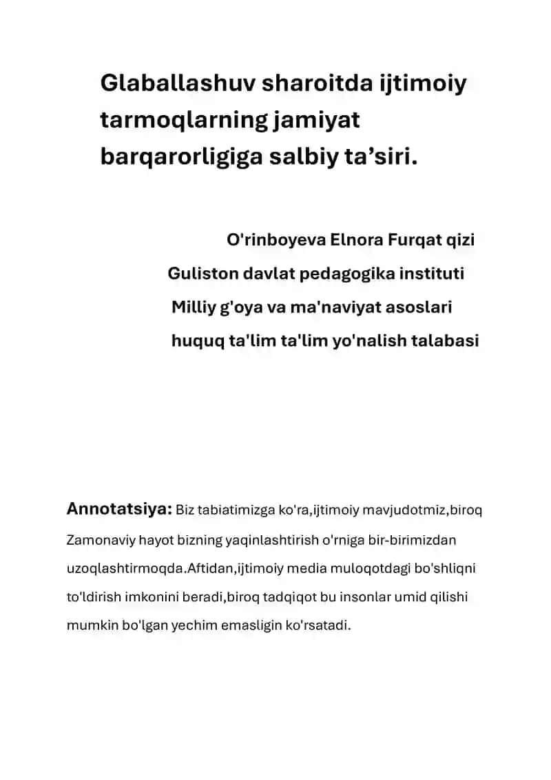 Glaballashuv sharoitda ijtimoiy tarmoqlarning jamiyat barqarorligiga salbiy ta’siri