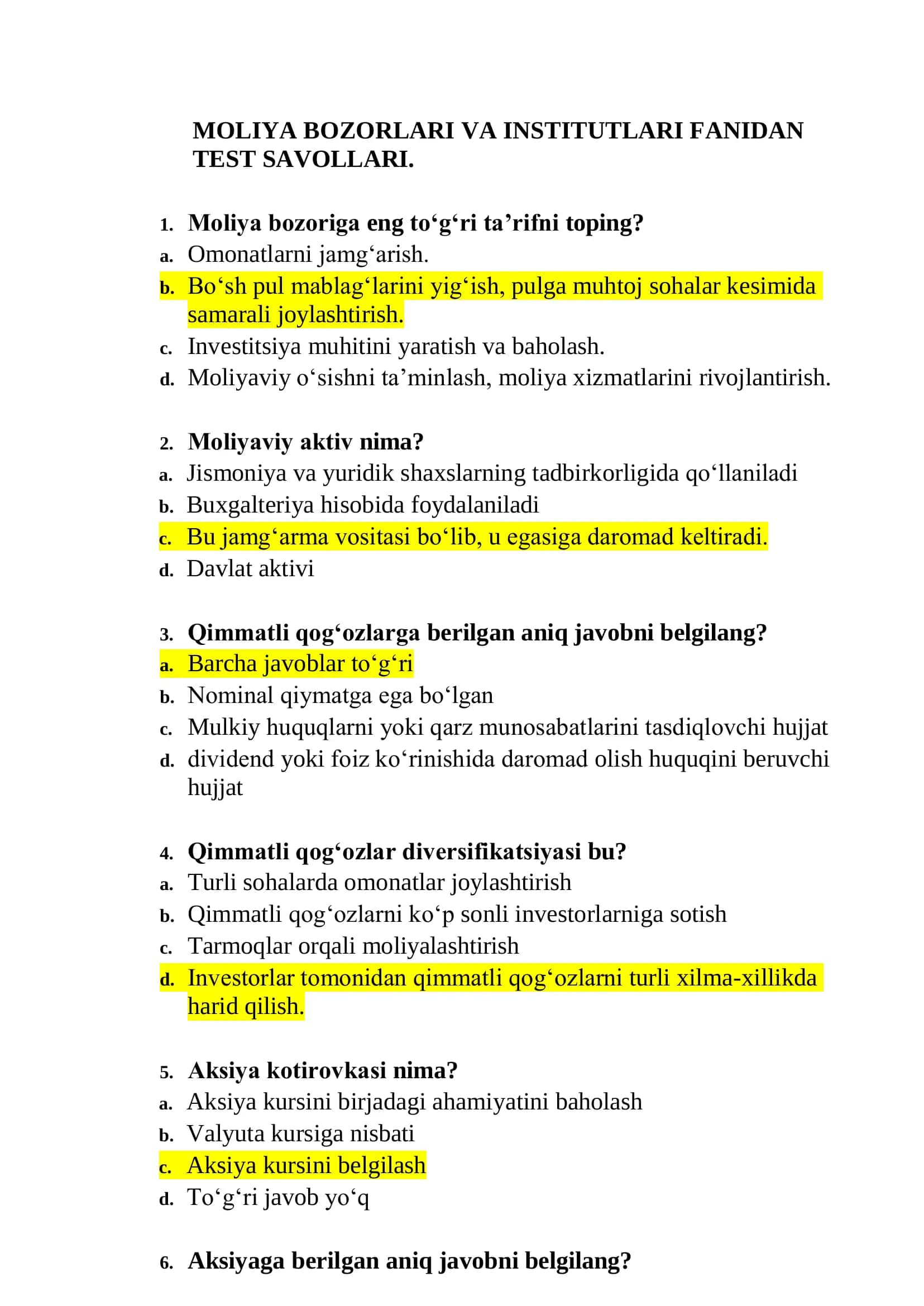 MOLIYA BOZORLARI VA INSTITUTLARI FANIDAN TEST SAVOLLARI 1