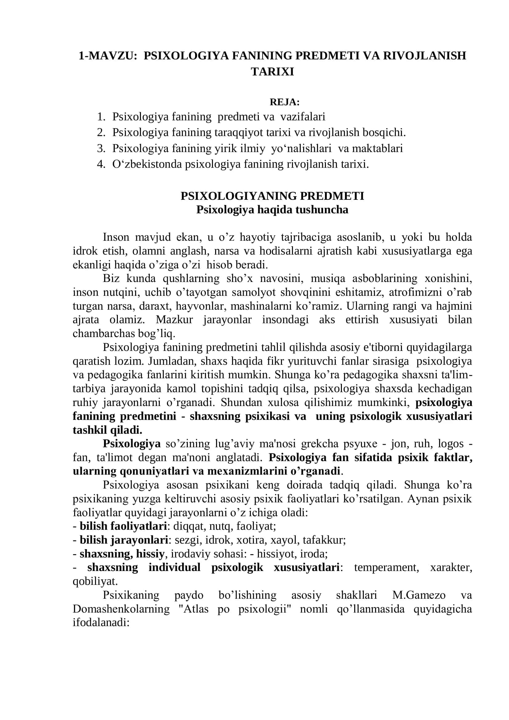 PSIXOLOGIYA FANINING PREDMETI VA RIVOJLANISH TARIXI 1