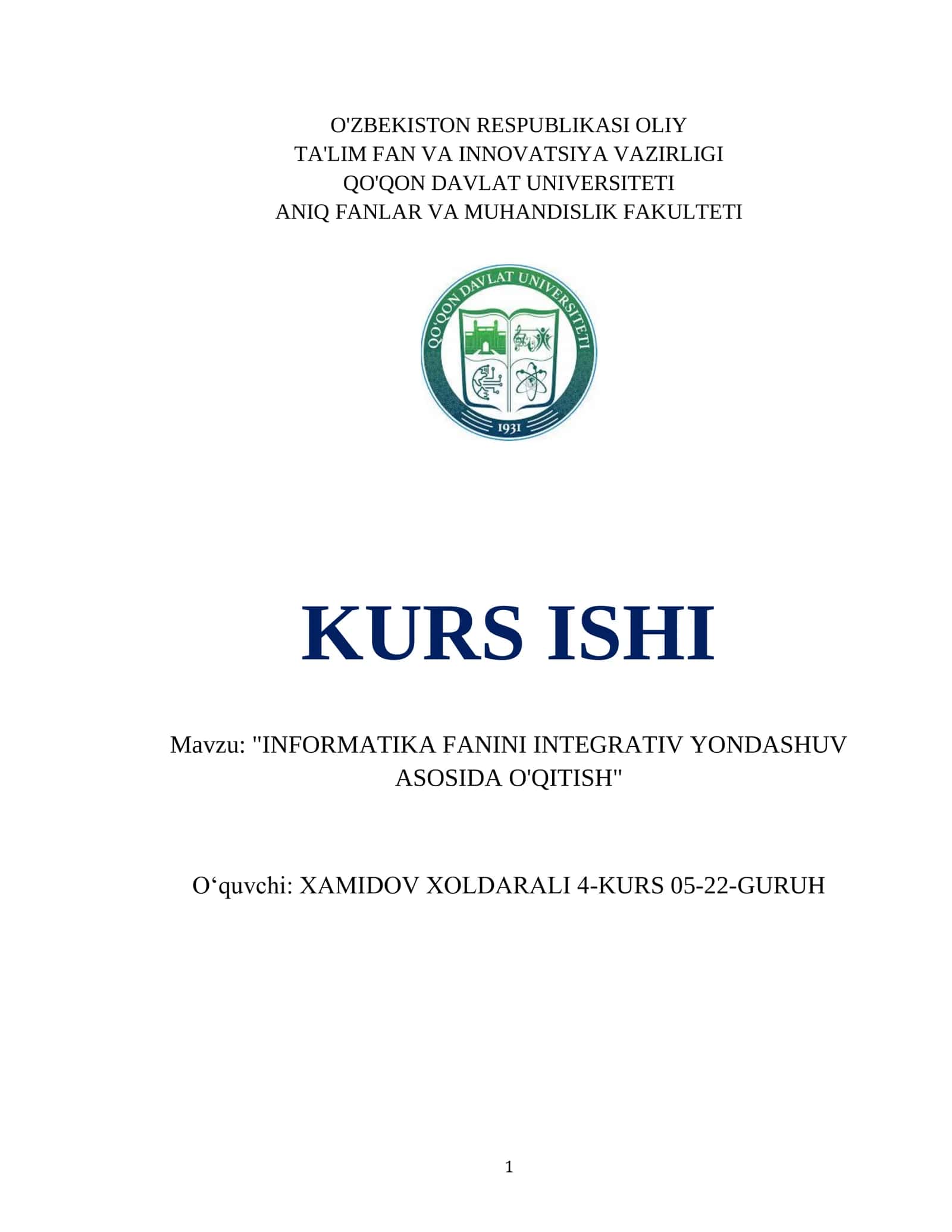 INFORMATIKA FANINI INTEGRATIV YONDASHUV ASOSIDA O'QITISH 1