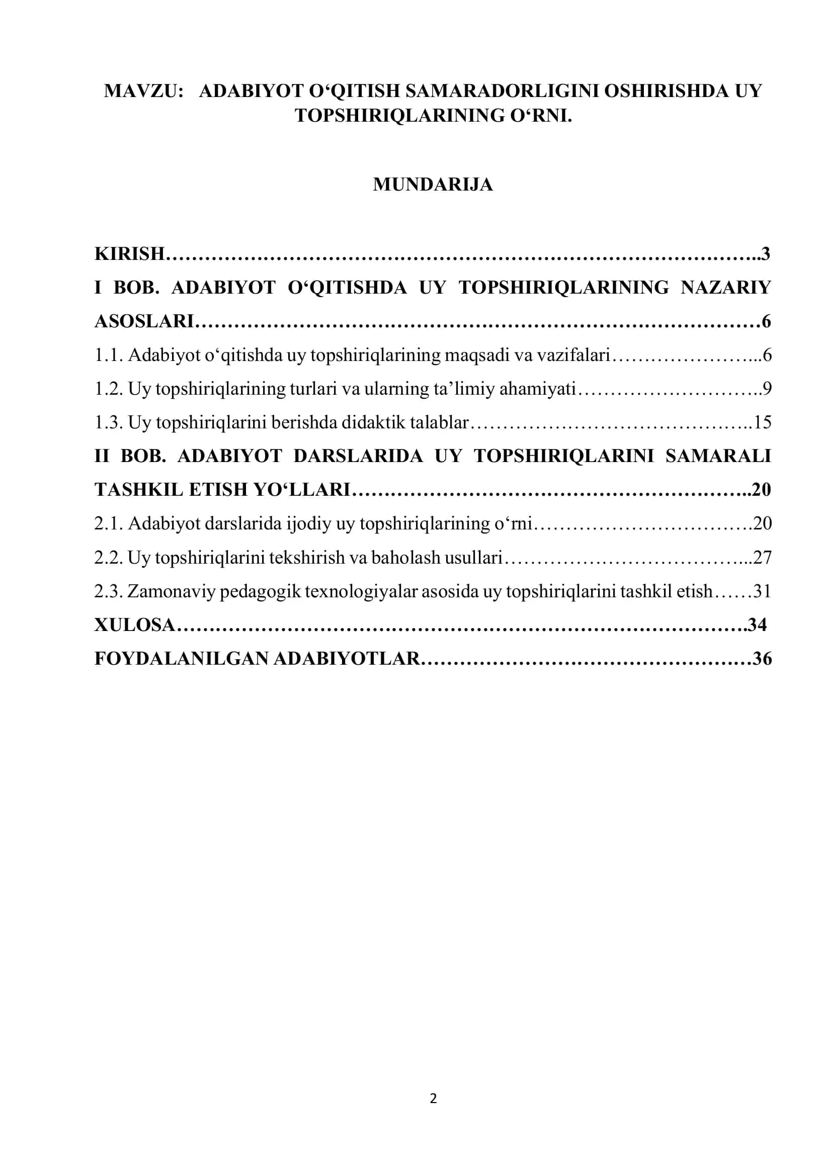 ADABIYOT O‘QITISH SAMARADORLIGINI OSHIRISHDA UY TOPSHIRIQLARINING O‘RNI 1